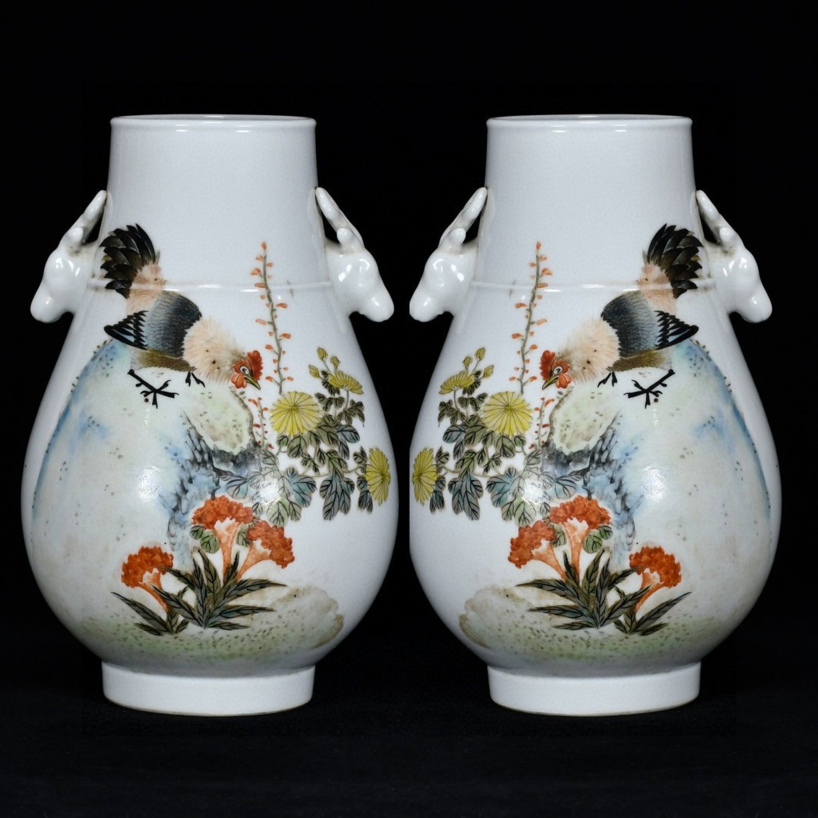 A Pair of Exquisite Light Crimson Color Flower and Rooster Pattern Deer-Ears Vases,With Poem (1 of 9)