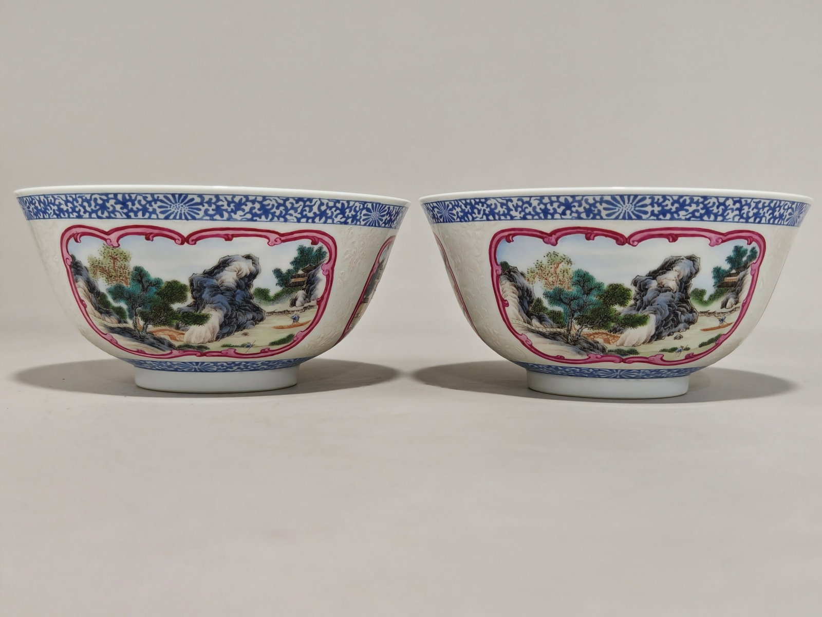 A Pair of Exquisite Enamel Landscape and Figure Pattern Bowls: A Pair of Exquisite Enamel Landscape and Figure Pattern Bowls,Qing Dynasty,China,Qianlong Four-character Mark,Size:3.1inx6.3in 一对珐琅山水人物纹&