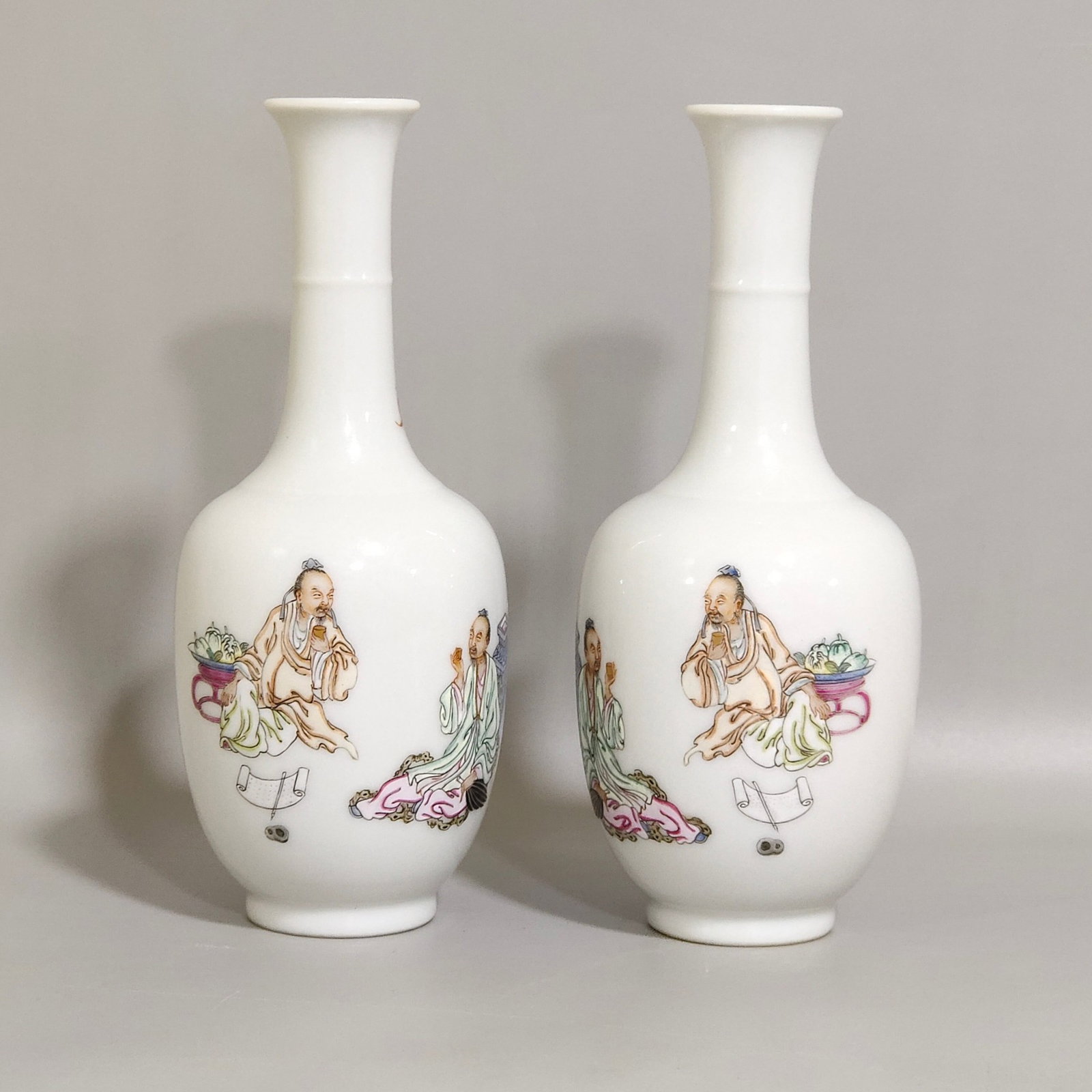 A Pair of Exquisite Famille-Rose Character and Story Pattern Vases: A Pair of Exquisite Famille-Rose Character and Story Pattern Vases,Qing Dynasty,China,Yongzheng Six-character Mark,Size:5.2inx2.2in 一对粉彩人物故事 