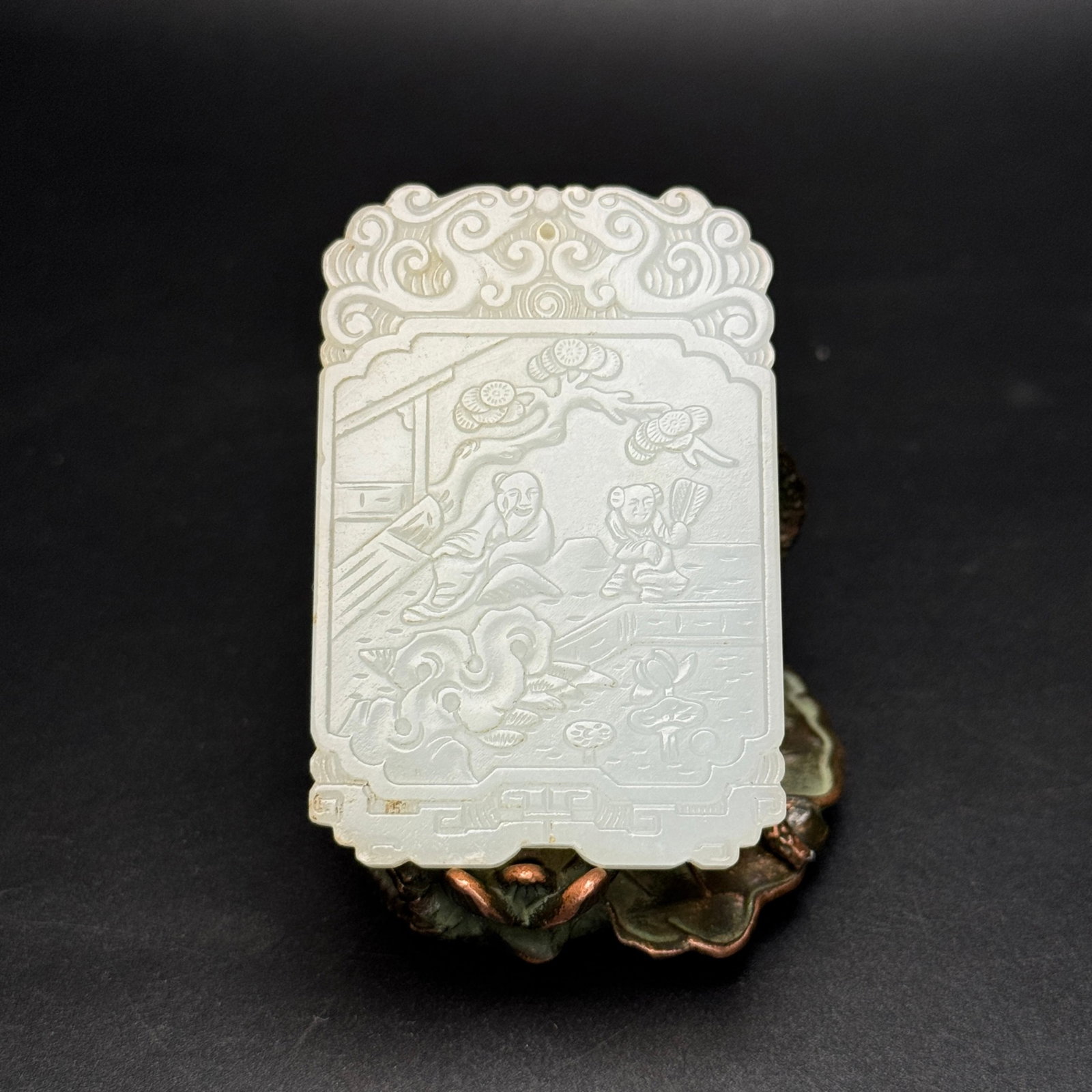 An Exquisite White Jade Landscape and Figure Pattern Pendant,With Poem: An Exquisite White Jade Landscape and Figure Pattern Pendant,With Poem,Qing Dynasty,China,Size:60mmx40mmx5mm,Weight:34g 白玉山水人物纹挂件,带
