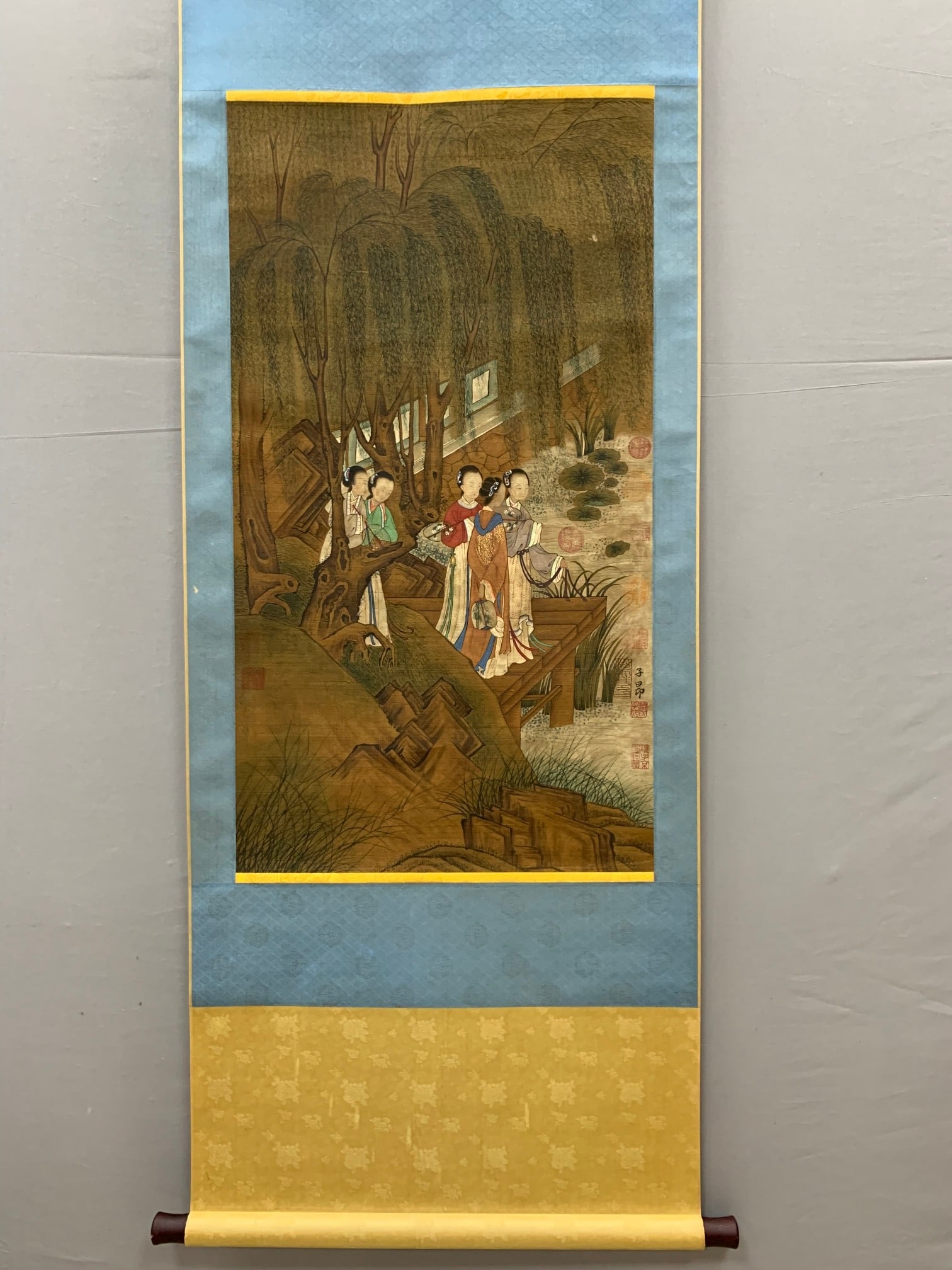 A Chinese Vertical Scroll Ink Painting of Landscape and Figure on Silk,Zhao Mengfu: A Chinese Vertical Scroll Ink Painting of Landscape and Figure on Silk,Zhao Mengfu,Size:(Without frame)37.4inx20.5in 一幅中国水墨绢本山水
