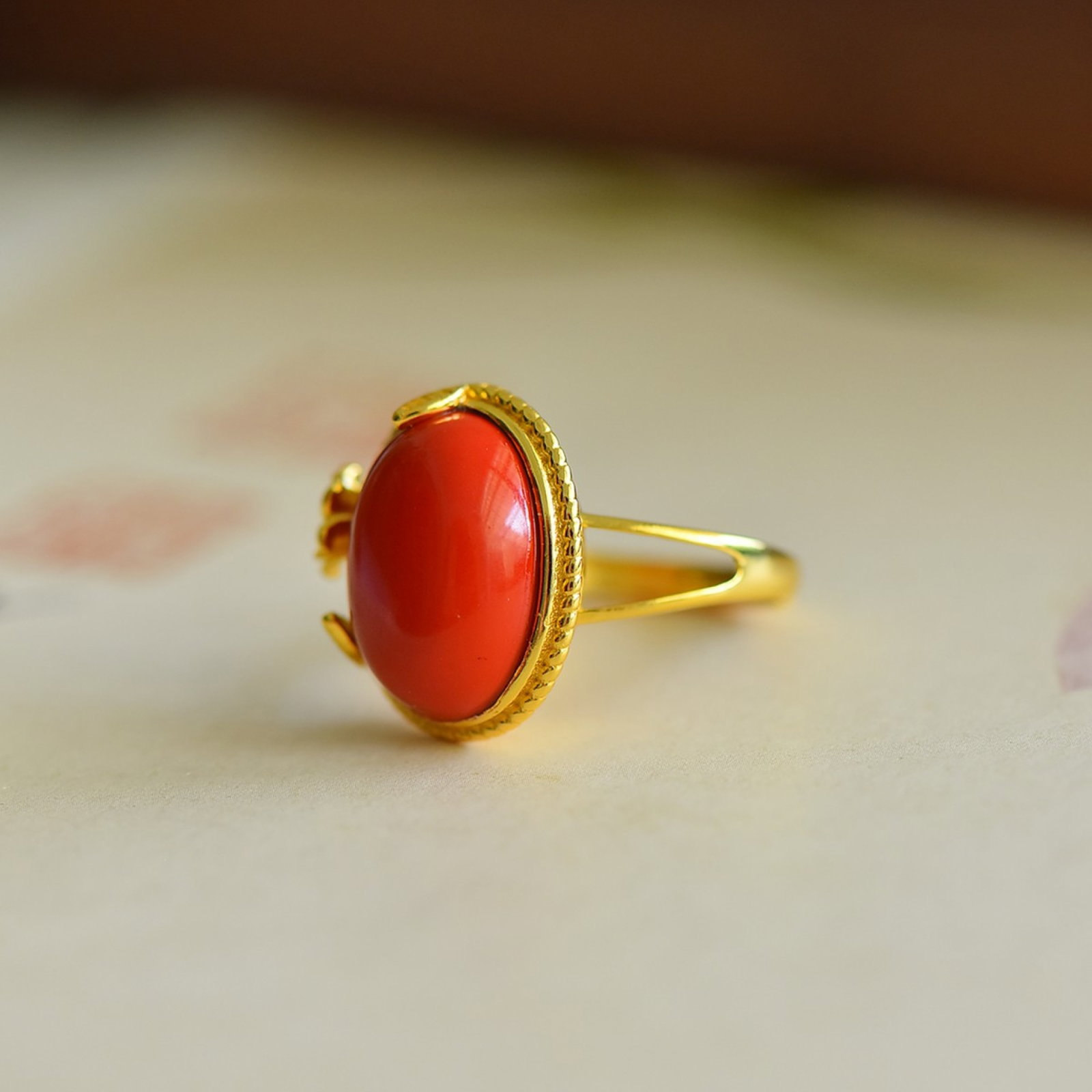An Exquisite Sterling Silver-Gold Plated Inlaid Cinnabar Ring - 2