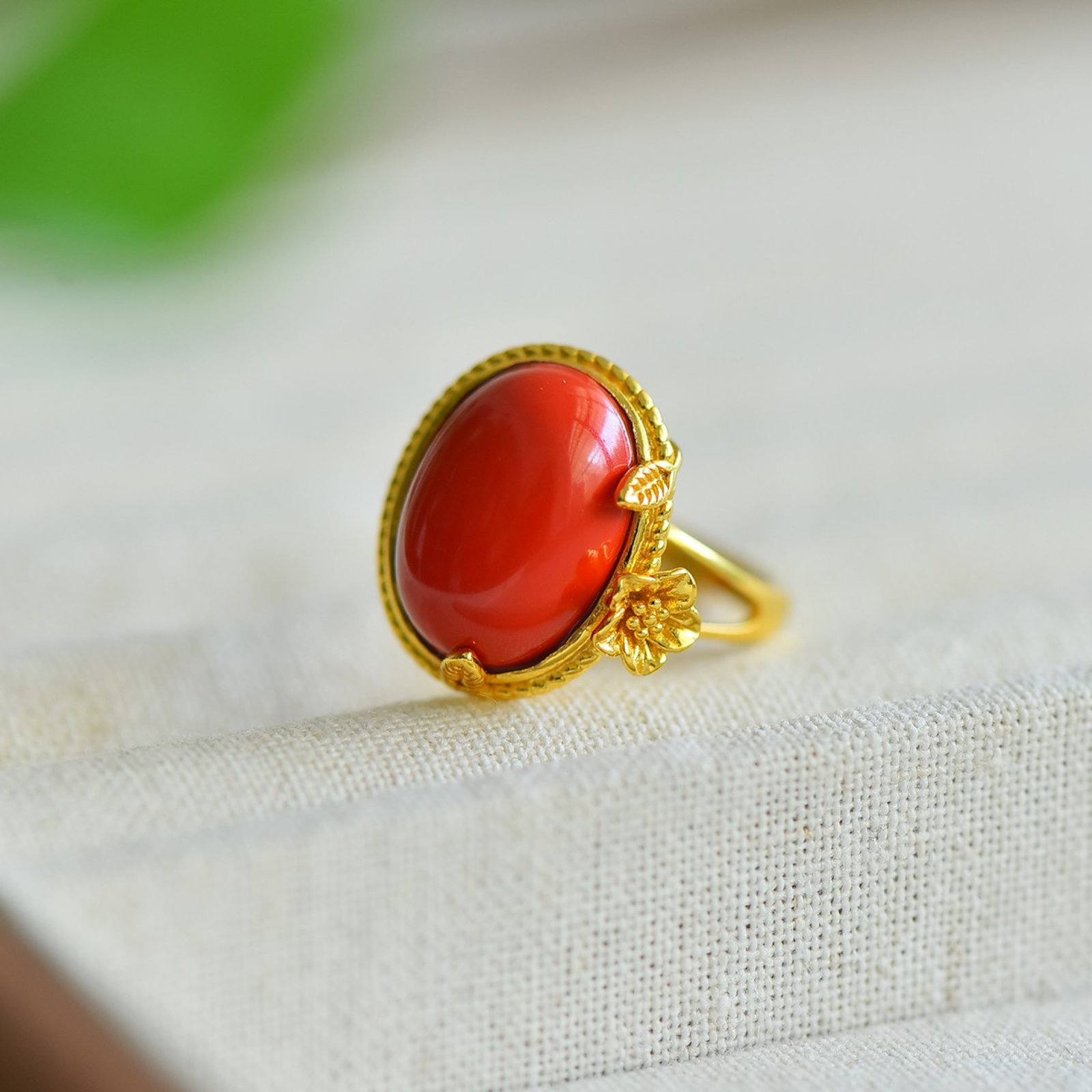 An Exquisite Sterling Silver-Gold Plated Inlaid Cinnabar Ring - 5