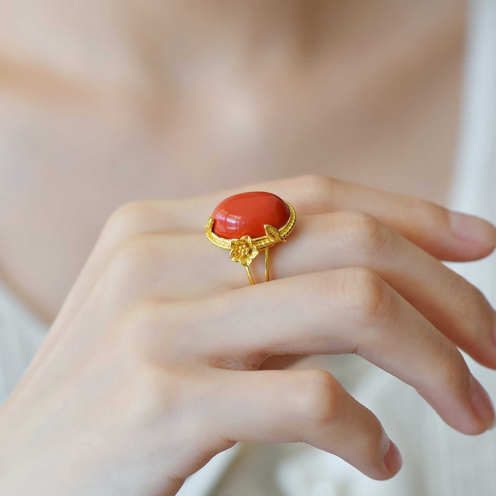 An Exquisite Sterling Silver-Gold Plated Inlaid Cinnabar Ring - 6