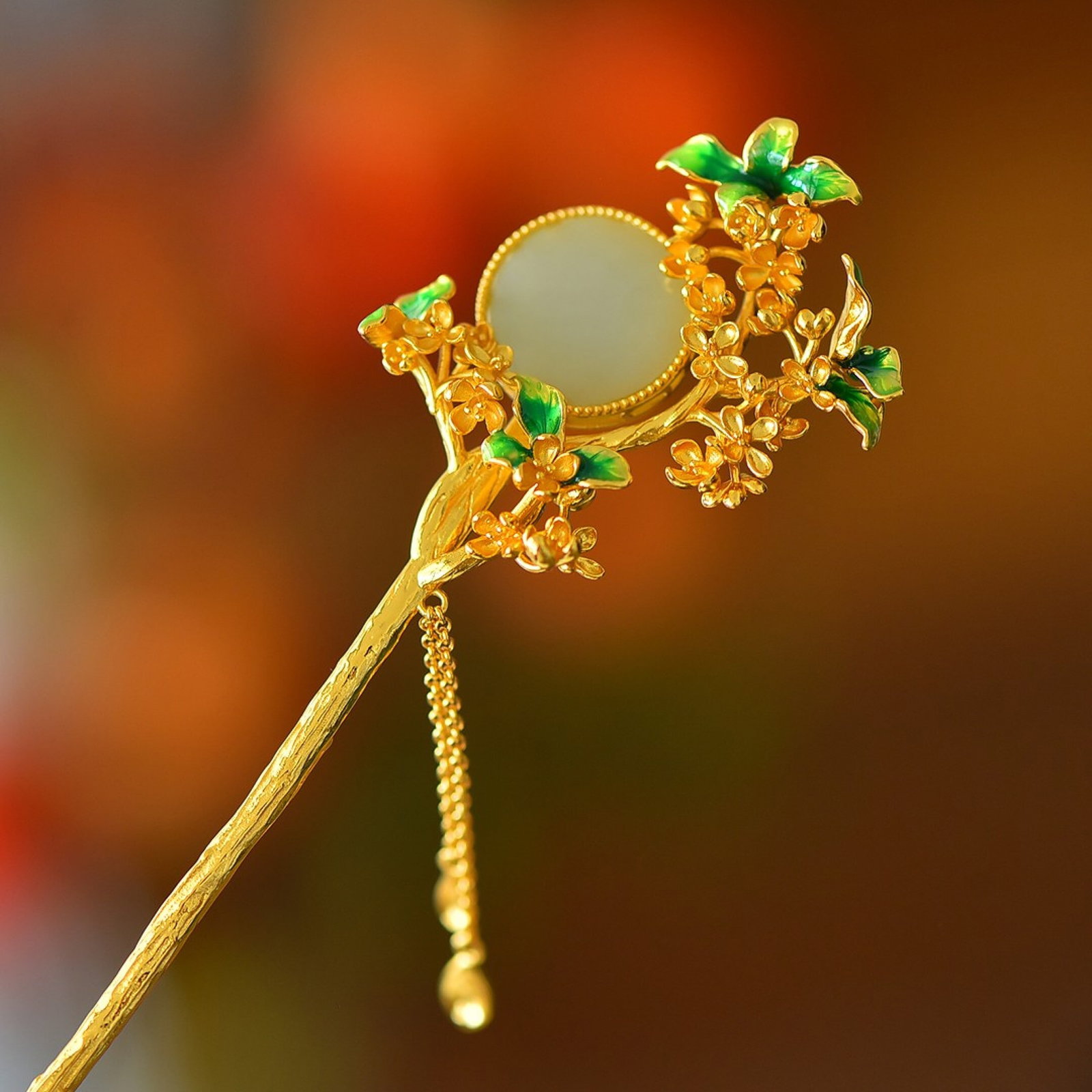 An Exquisite Sterling Silver-Gold Plated Inlaid White Jade Enamel Hairpin: An Exquisite Sterling Silver-Gold Plated Inlaid White Jade Enamel Hairpin 纯银镀金镶白玉珐琅发簪