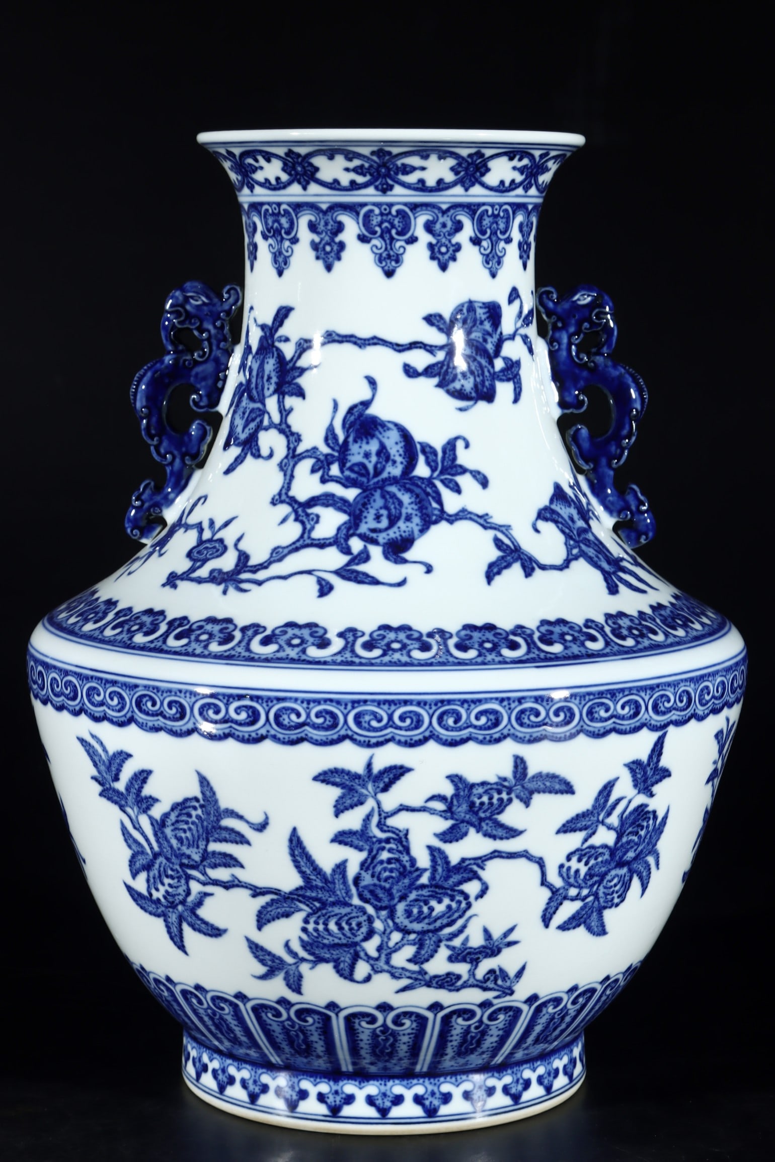 A Rare Blue and White Flower and Fruit Pattern Double-Ears Vase: A Rare Blue and White Flower and Fruit Pattern Double-Ears Vase,Qing Dynasty,China,Qianlong Six-character Mark,Size:13.8inx10.2in 青花花果纹双耳瓶,È