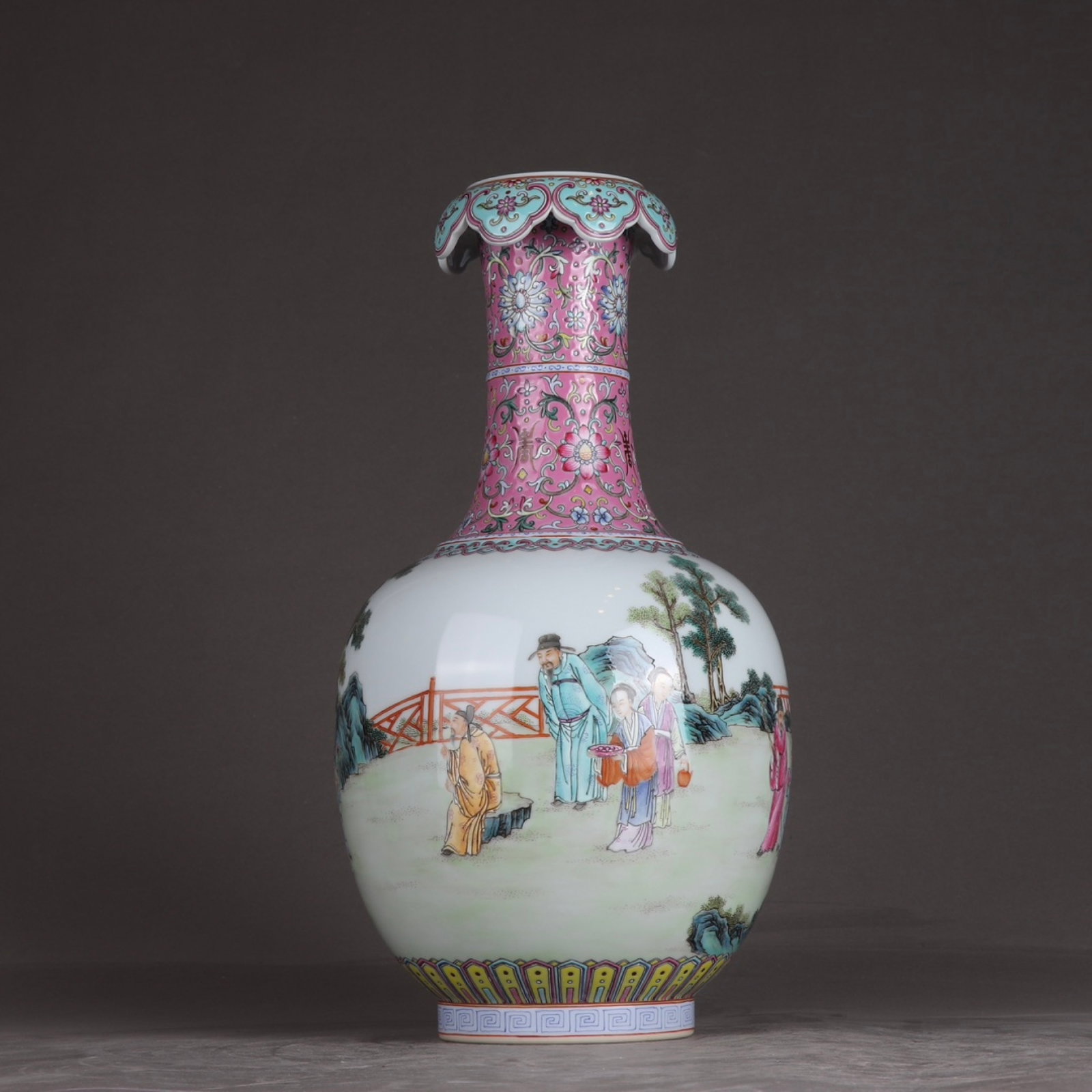 A Rare Famille-Rose Character and Story Pattern Vase: A Rare Famille-Rose Character and Story Pattern Vase,Qing Dynasty,China,Qianlong Six-character Mark,Size:13.2inx7.1in 粉彩人物故事纹瓶,中国&