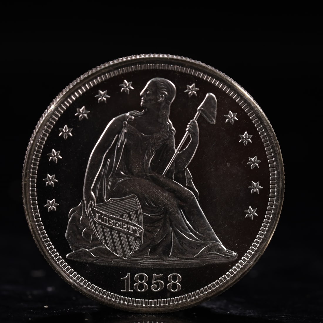 USA One Dollar 1858 Coin: American coin. IN GOD WE TRUST / LIBERTY / 1858 / UNITED STATES OF AMERICA / ONE DOL. Weight:26.9g.