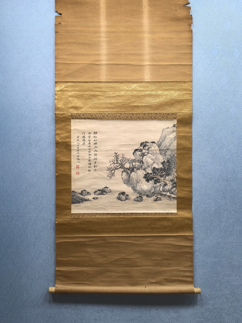 A Chinese Vertical Scroll Ink Painting of Landscape on Paper: A Chinese Vertical Scroll Ink Painting of Landscape on Paper,Shi Tao,Size:20inx17.7in 一幅中国水墨山水画立轴,石涛