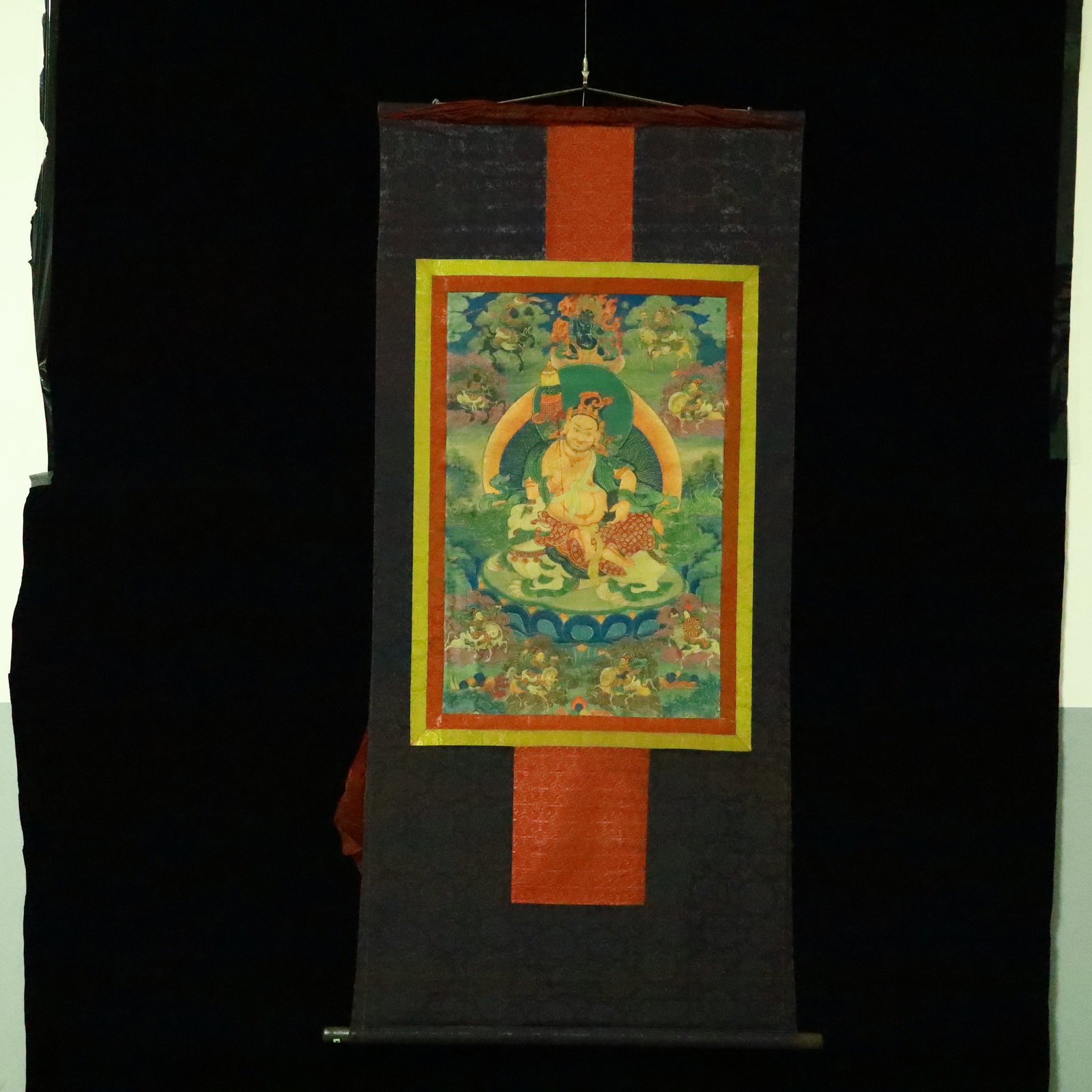 A Rare Brocade Painted Color Statue of Mammon Tangka: A Rare Brocade Painted Color Statue of Mammon Tangka,Qing Dynasty, China,Size:29.9inx67.3in 织锦彩绘财神像唐卡,中国清代