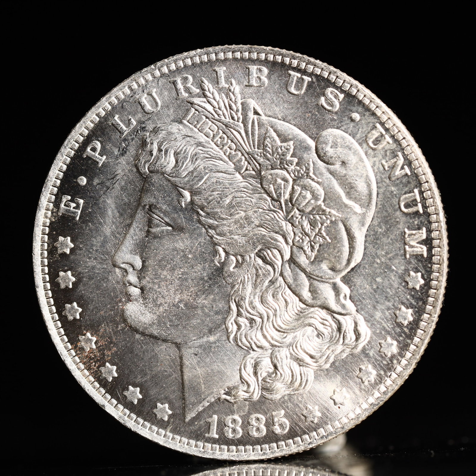 USA Morgan Dollar 1885 Coin: Obv: profile bust with date below and E PLURIBUS UNUM legend and stars around. Rev: eagle with In God we trust above within wreath with UNITED STATES OF AMERICA ONE DOLLAR legend. IN GOD WE TRUST / LI