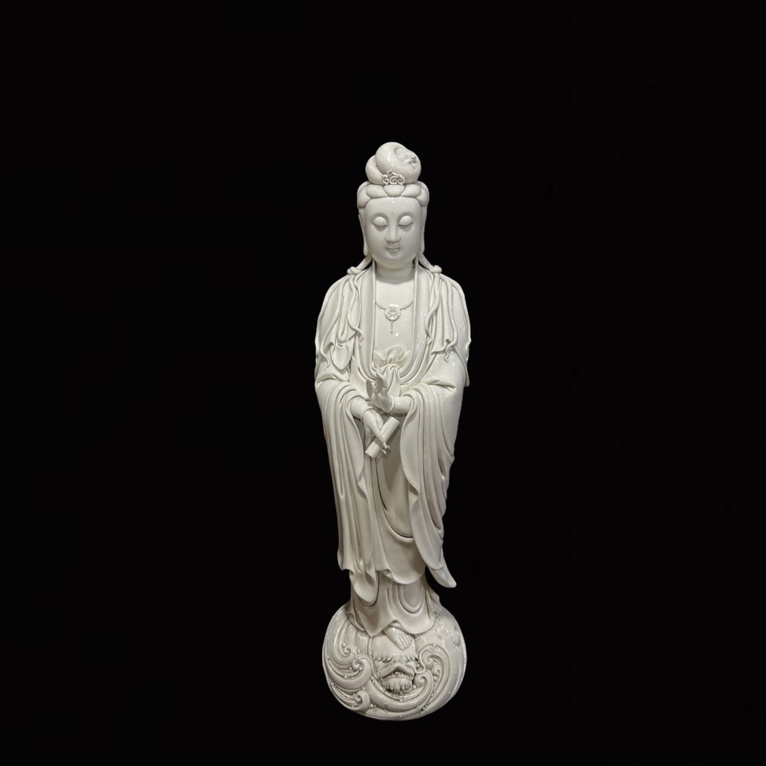 A Solemn Blance-De-Chine Statue of Avalokitesvara: A Solemn Blance-De-Chine Statue of Avalokitesvara,Ming Dynasty,China,He Chaozong Mark,Size:29.9in 德化瓷观音像,中国明代,何朝