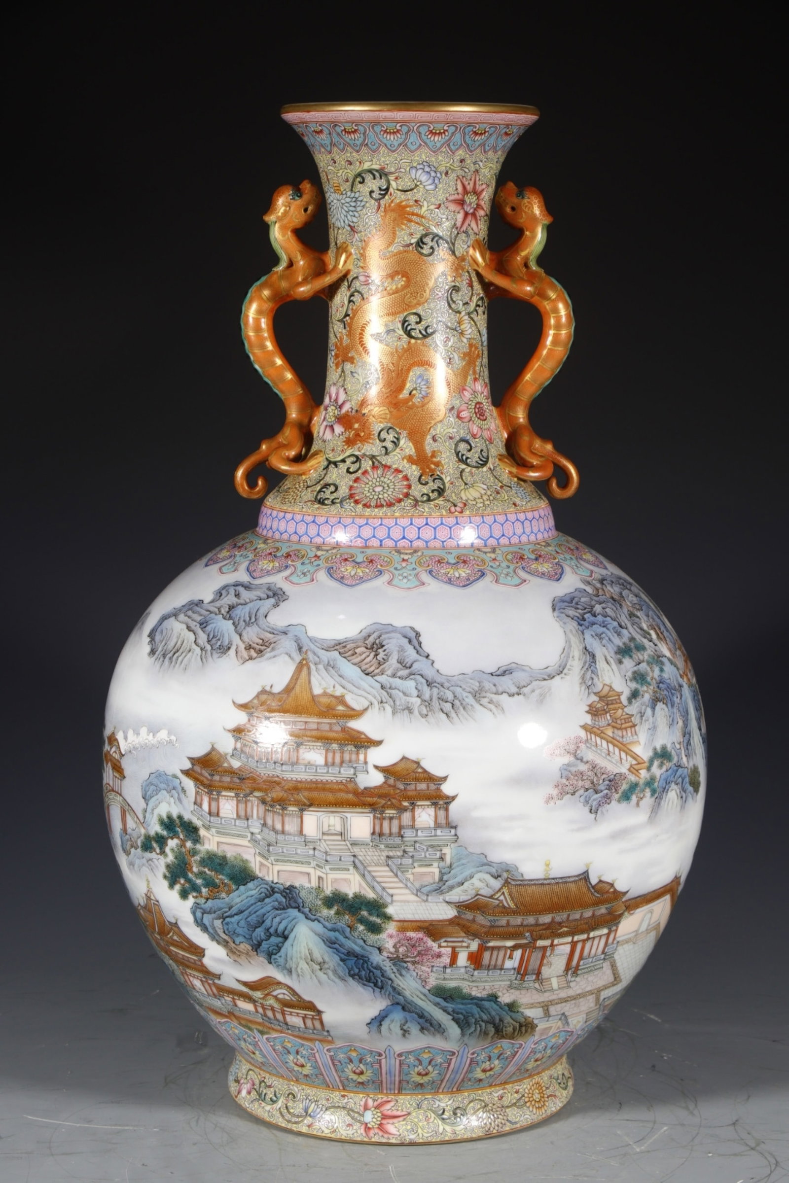 A Huge Enamel Landscape Pattern Double-Ears Vase,with poem: A Huge Enamel Landscape Pattern Double-Ears Vase,with poem,Qing Dynasty,China,Yongzheng Four-character Mark,Size:20.1inx7.1in 珐琅彩山水纹双耳瓶,&