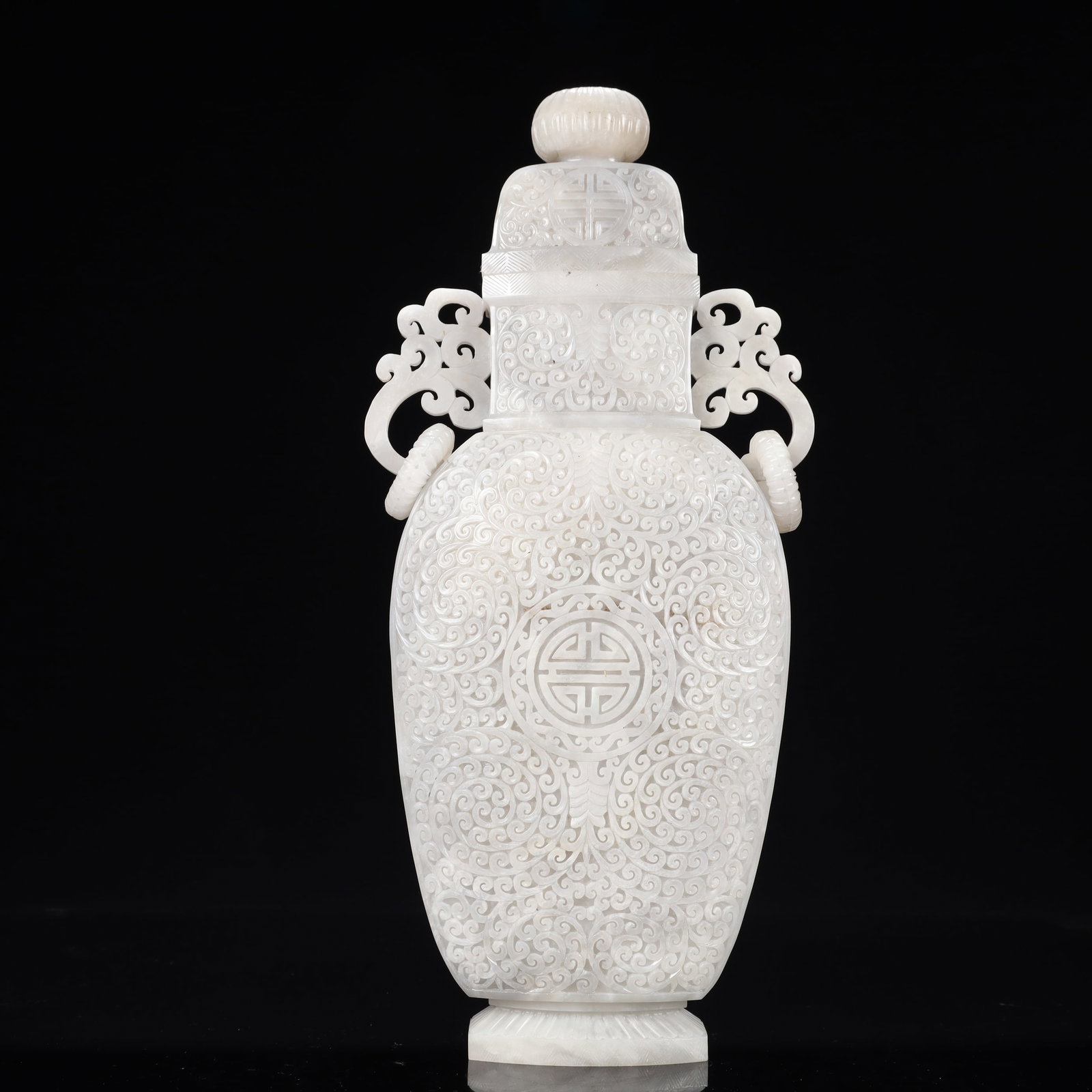 A Rare White Jade Flower Pattern Double-Ears Bottle - 10