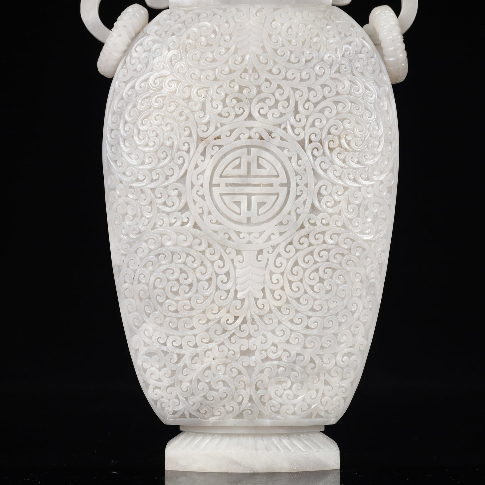 A Rare White Jade Flower Pattern Double-Ears Bottle - 12