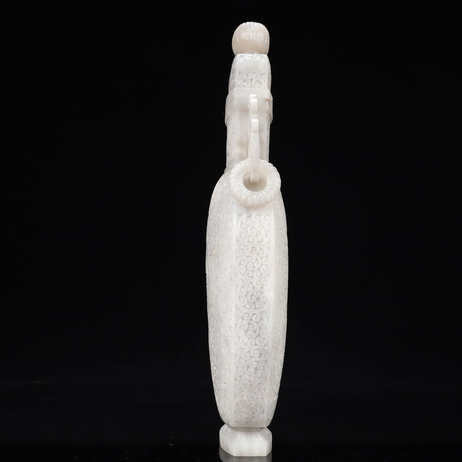 A Rare White Jade Flower Pattern Double-Ears Bottle - 13