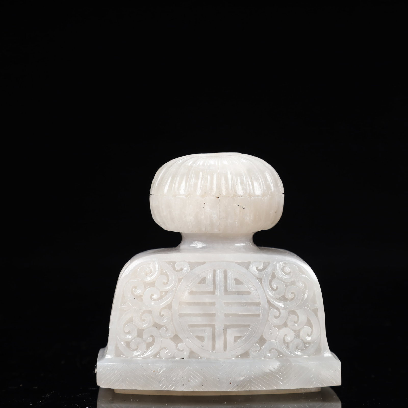 A Rare White Jade Flower Pattern Double-Ears Bottle - 14