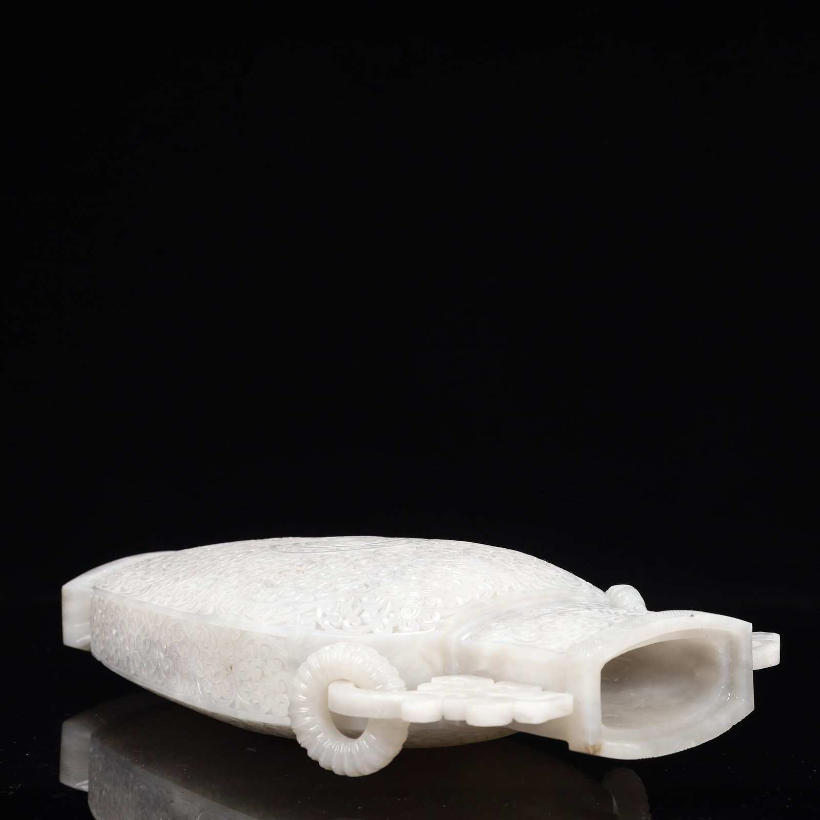A Rare White Jade Flower Pattern Double-Ears Bottle - 15