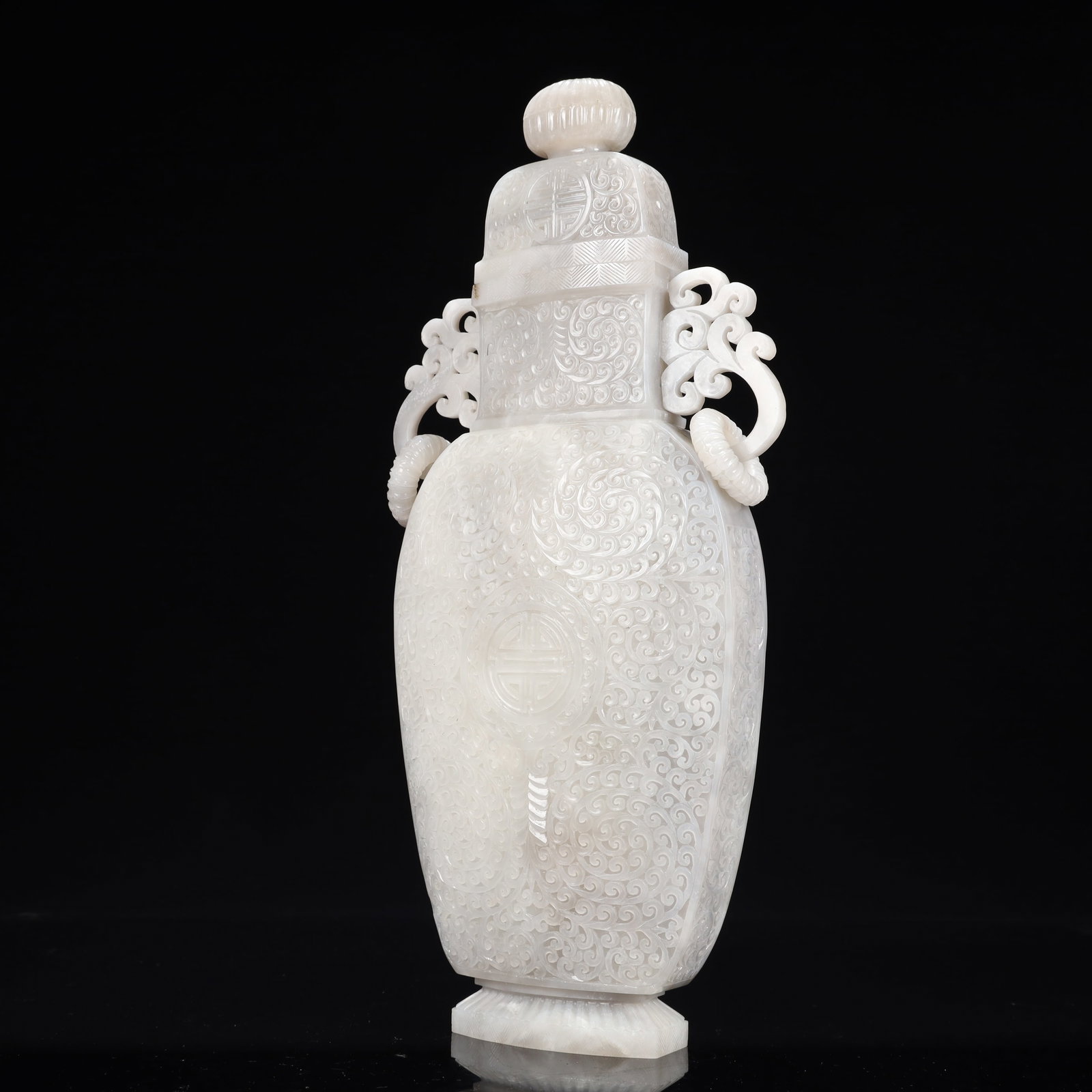 A Rare White Jade Flower Pattern Double-Ears Bottle - 5