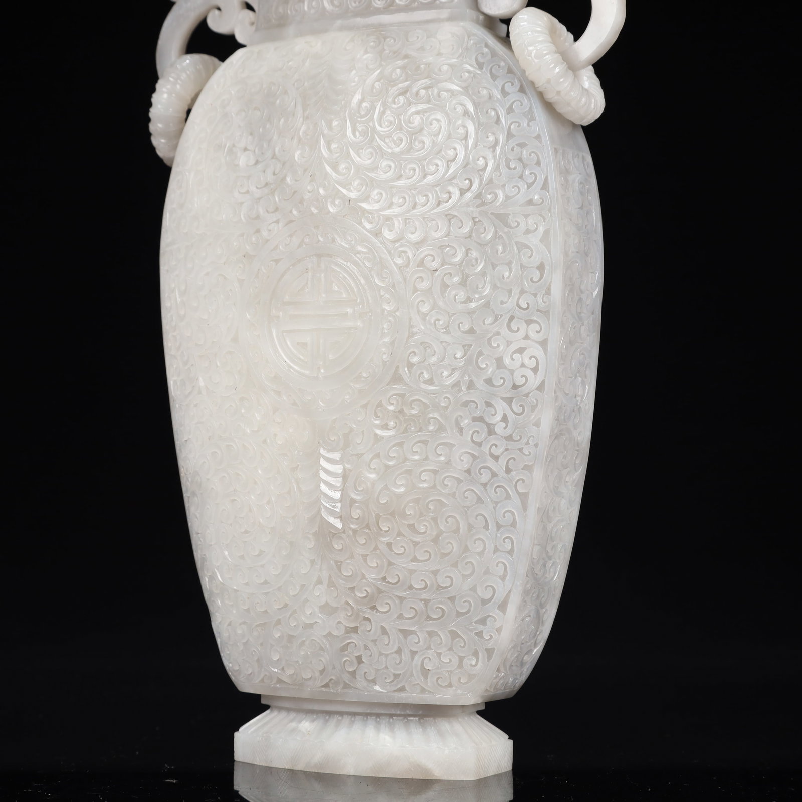 A Rare White Jade Flower Pattern Double-Ears Bottle - 7
