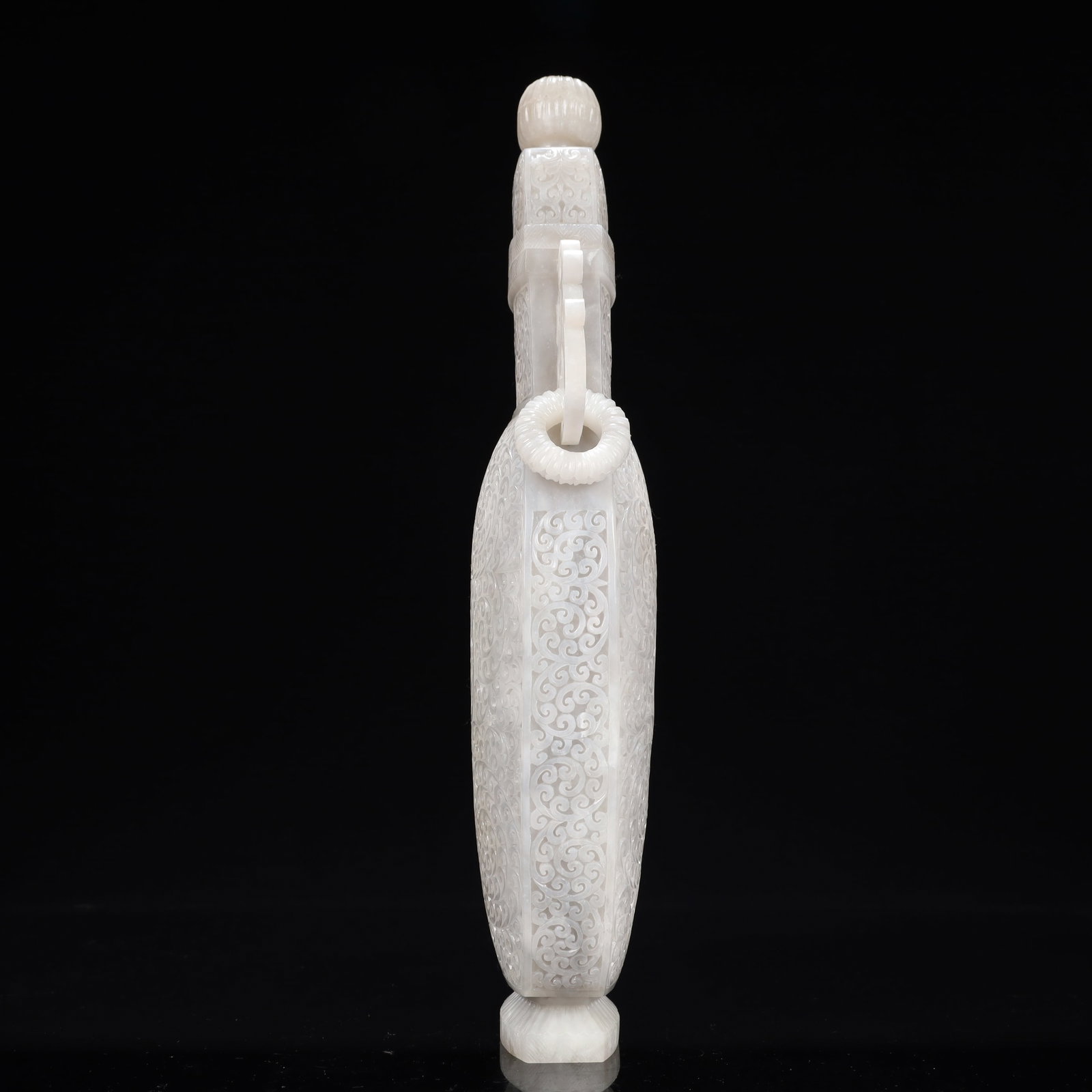 A Rare White Jade Flower Pattern Double-Ears Bottle - 8