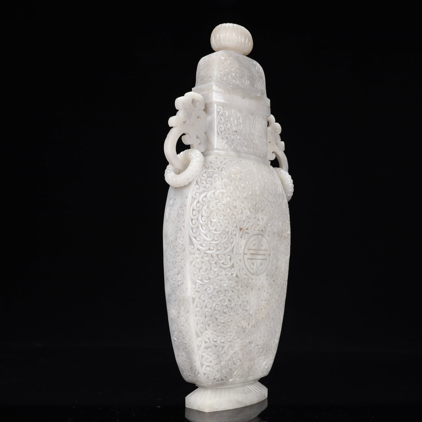 A Rare White Jade Flower Pattern Double-Ears Bottle - 9