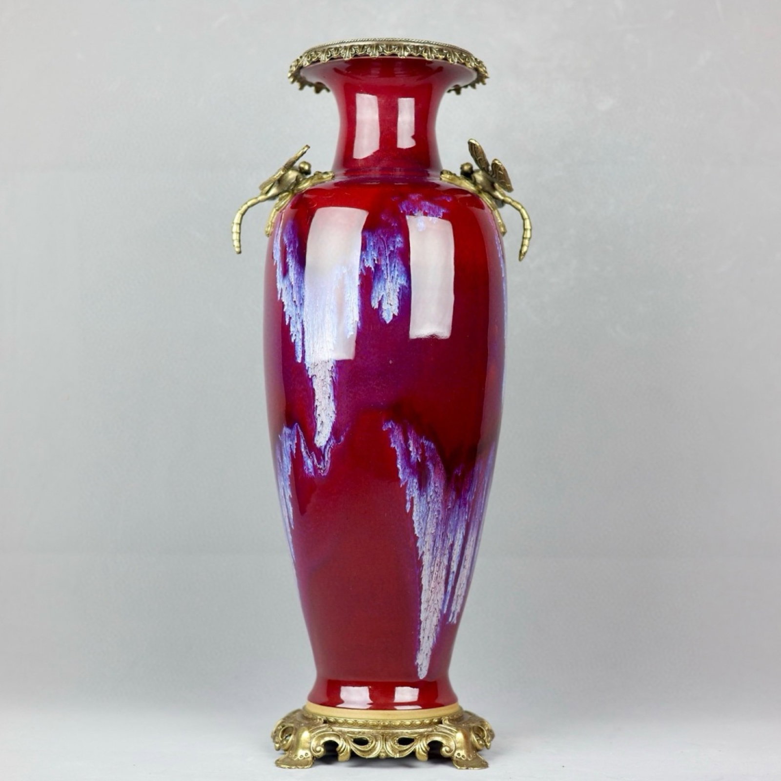A Huge Flambe Glazed Inlaid Bronze Double-Ears Vase: A Huge Flambe Glazed Inlaid Bronze Double-Ears Vase,Qing Dynasty,China,Size:20.9inx9.4in 窑变釉镶铜双耳瓶,中国清代