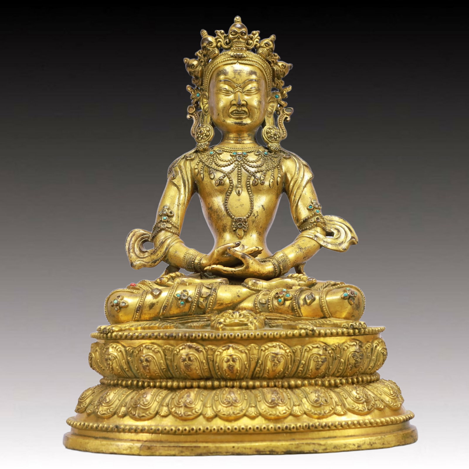 A Solemn Gilt Bronze Statue of Amitayus,Inlaid Turquoise: A Solemn Gilt Bronze Statue of Amitayus,Inlaid Turquoise,Ming Dynasty, China,Size:9.4inx7.1inx13.4in,Weight:6400g