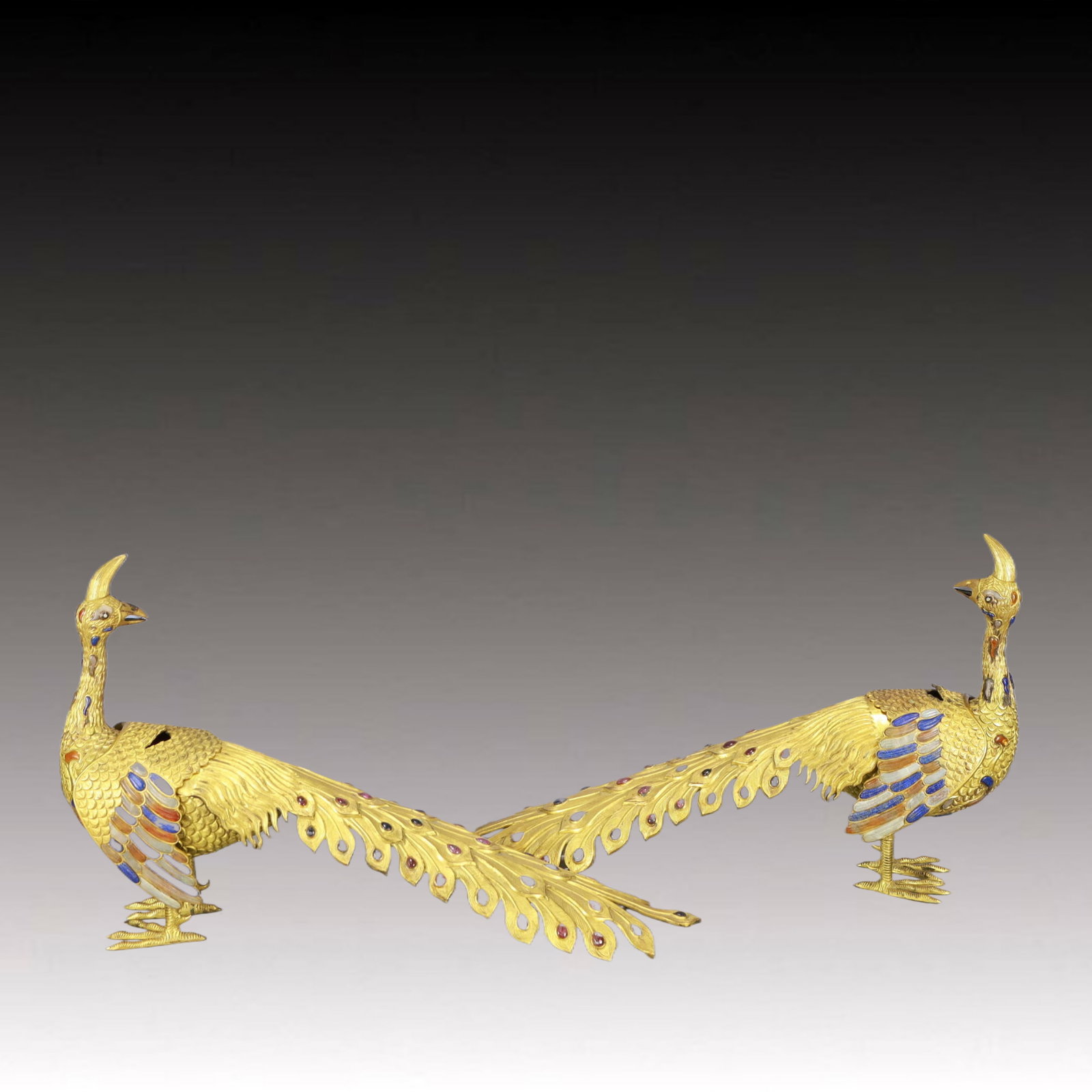 A Pair of Rare Cloisonne Phoenix Ornaments,Inlaid Gems: A Pair of Rare Cloisonne Phoenix Ornaments,Inlaid Gems,Qing Dynasty,China,Size:22.4inx4.7inx12.4in,Total Weight:3900g 一对景泰蓝凤凰摆件,嵌&