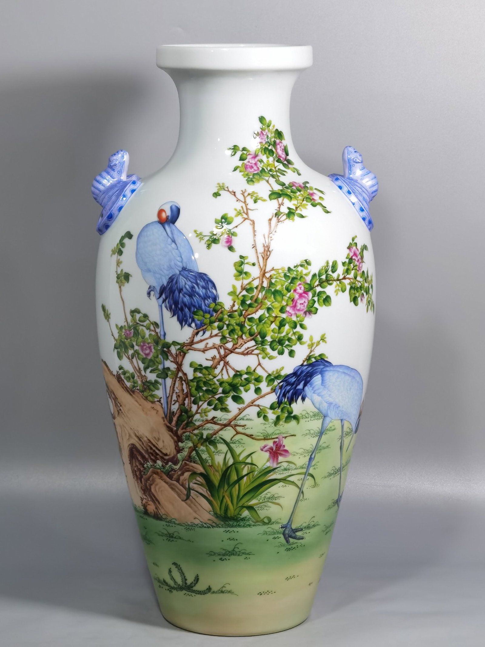 A Huge Enamel Flower and Crane Pattern Beast-Ears Vase,with poem: A Huge Enamel Flower and Crane Pattern Beast-Ears Vase,with poem,Qing Dynasty,China,Qianlong Six-character Mark,Size:17.1inx8.3in 珐琅彩花卉鹤纹兽೑