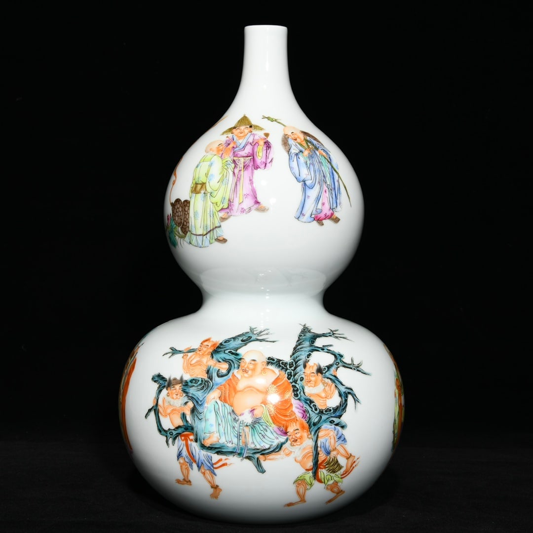 A Rare Famille-Rose Figure Pattern Gourd-Shaped Vase: A Rare Famille-Rose Figure Pattern Gourd-Shaped Vase,Qing Dynasty,China,Yongzheng Six-character Mark,Size:13.2inx7.5in 粉彩人物纹葫芦瓶,中国
