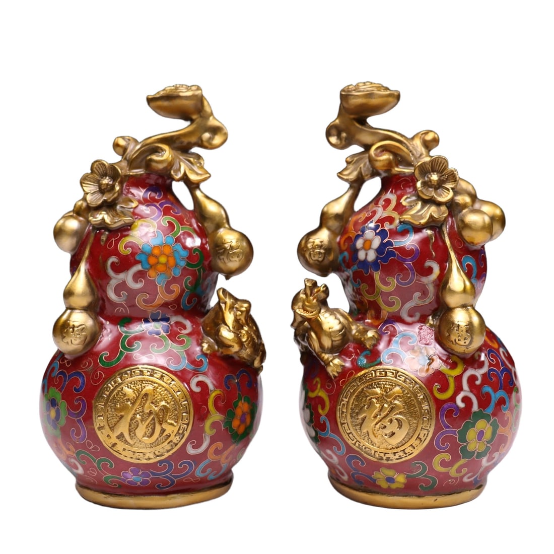 A Pair of Exquisite Gilt Bronze Cloisonne Lotus Pattern Gourd Ornaments: A Pair of Exquisite Gilt Bronze Cloisonne Lotus Pattern Gourd Ornaments,Qing Dynasty,China,Qianlong Four-character Mark,Size:8.3inx4.7inx4.3in,Weight:3700g 一对铜鎏金
