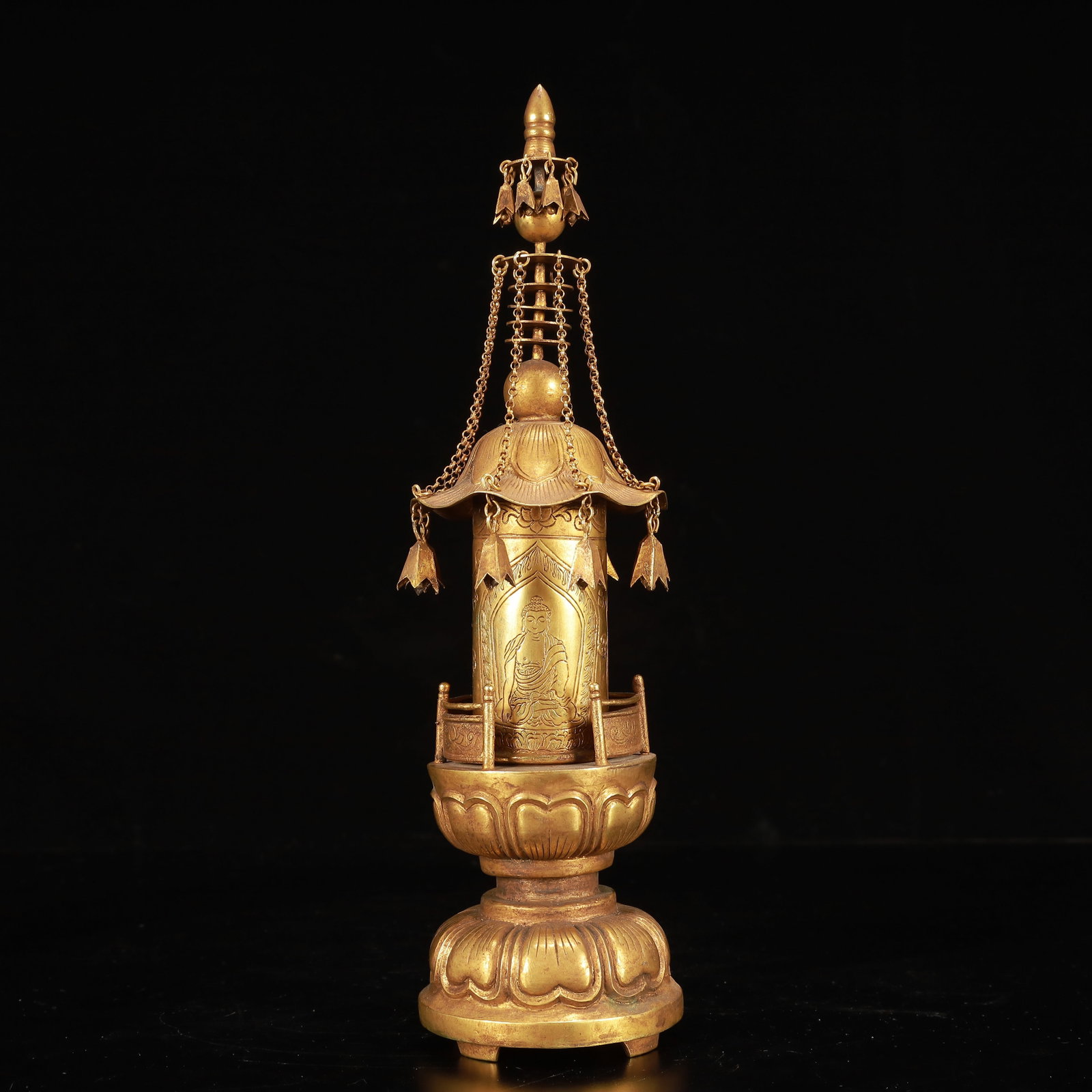 An Exquisite Gilt Bronze Pagoda: An Exquisite Gilt Bronze Pagoda,Qing Dynasty, China,Size:3.1inx11.4in,Weight:400g 铜鎏金佛塔,中国清代