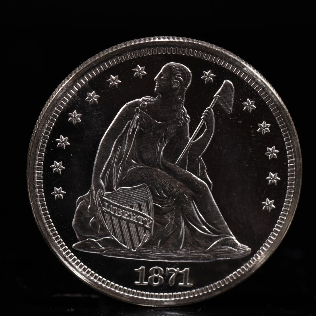 USA One Dollar 1871 Coin: American coin. IN GOD WE TRUST / LIBERTY / 1871 / UNITED STATES OF AMERICA / ONE DOL. Mint Mark: CC.Weight:26.9g.