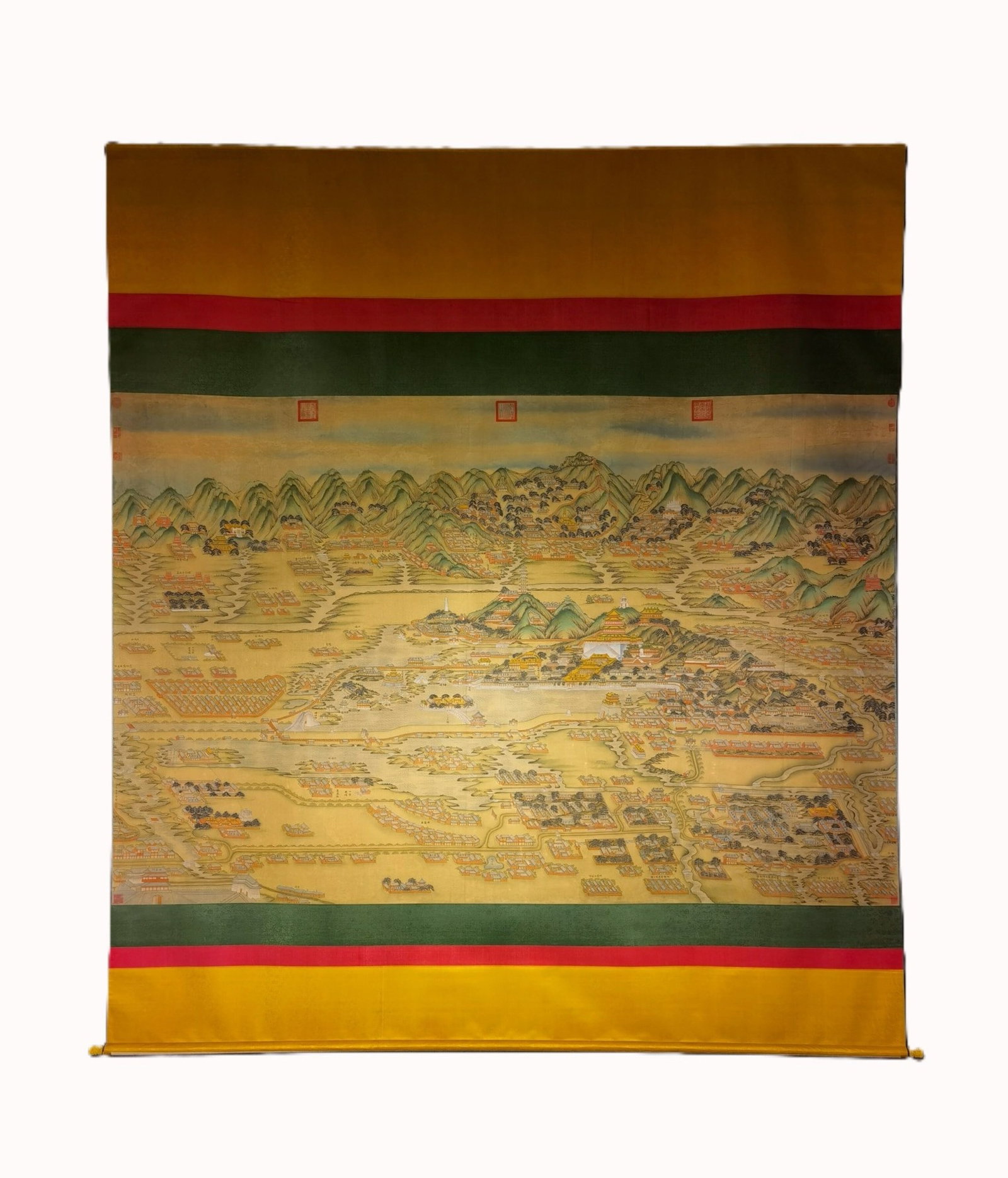 A Chinese Vertical Scroll Ink Painting of Landscape on Silk: A Chinese Vertical Scroll Ink Painting of Landscape on Silk,Lang Shining,Size:(overall length)134.6inx118.1in,(Without frame)76inx117.3in 一幅中国水墨绢ੑ