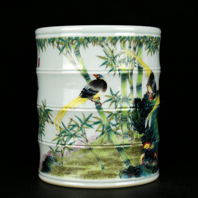 An Exquisite Enamel Flower and Bird Pattern Brush Pot,with poem: An Exquisite Enamel Flower and Bird Pattern Brush Pot,with poem,Qing Dynasty,China,Yongzheng Four-character Mark,Size:5inx4.3in