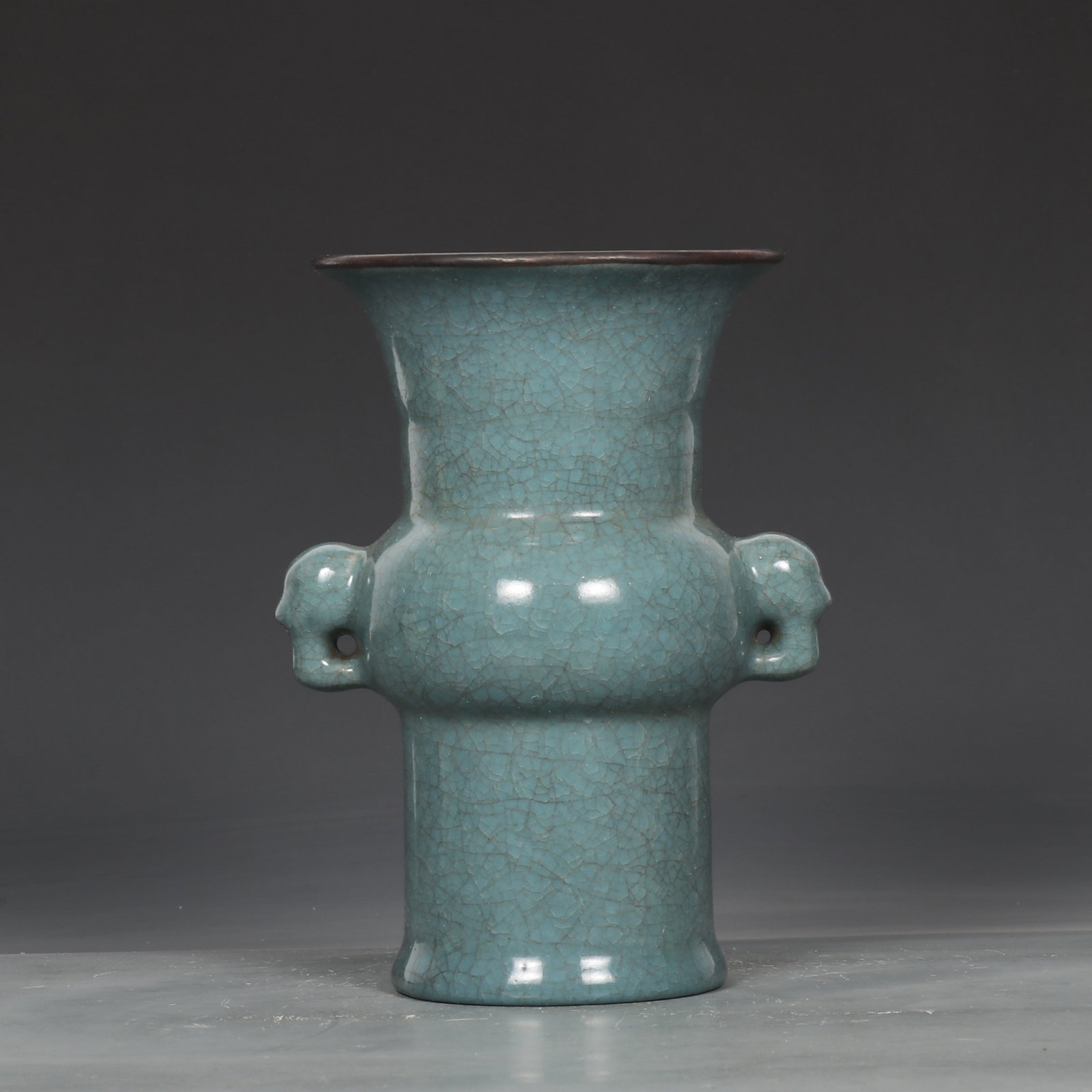 An Exquisite Ru yao Cover with Silver Elephant-Ears Vase,with an Imperial Poem by Emperor Qianlong: An Exquisite Ru yao Cover with Silver Elephant-Ears Vase,with an Imperial Poem by Emperor Qianlong,Song Dynasty,China,Size:8.7inx6.5in 汝窑银口象耳瓶,带