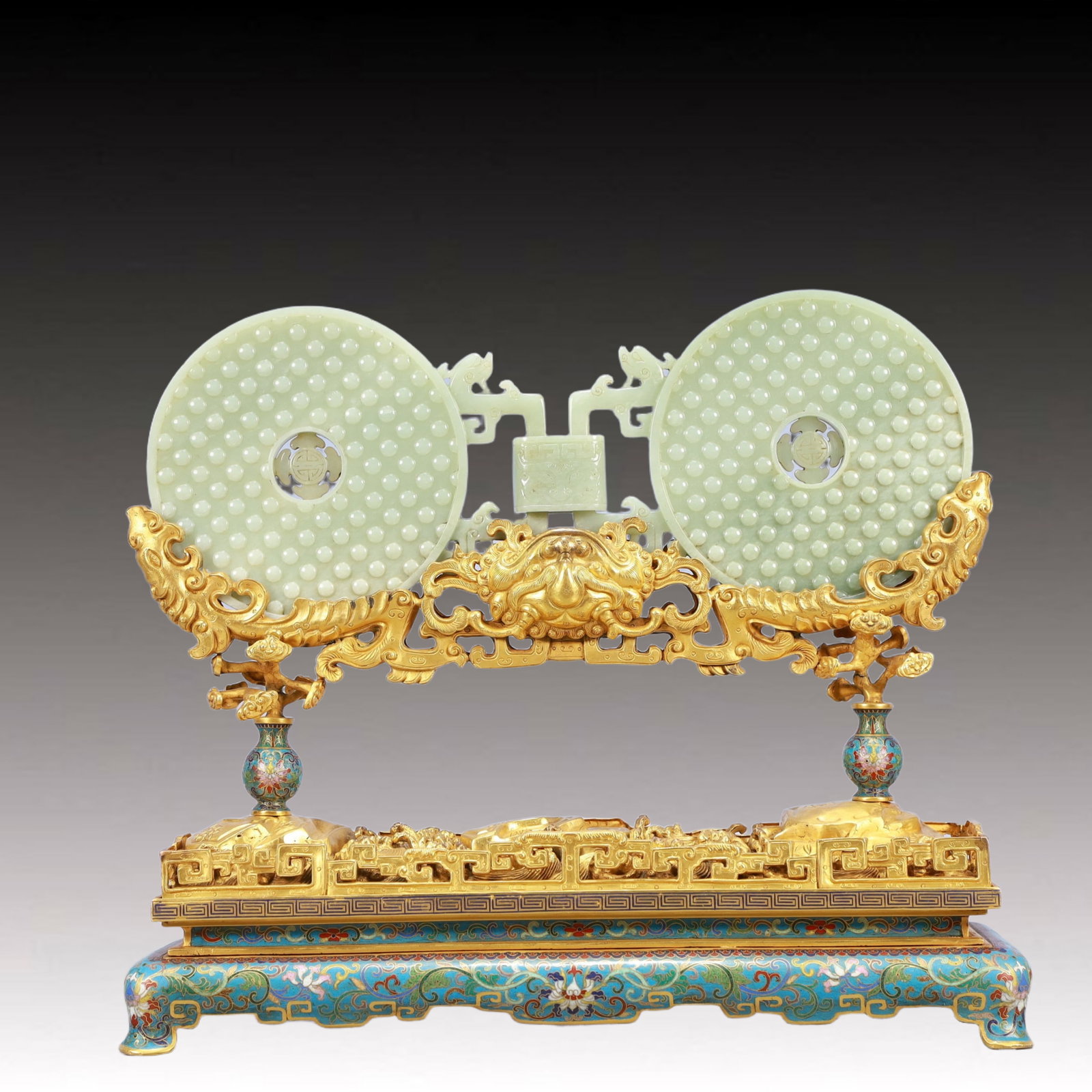 A Rare Cloisonne Inlaid White Jade Bats and Peach Pattern Ornament: A Rare Cloisonne Inlaid White Jade Bats and Peach Pattern Ornament,Qing Dynasty, China,Qianlong Four-character Mark,Size:14.6inx5.5inx12.2in,Weight:4750g 景泰蓝嵌白஍