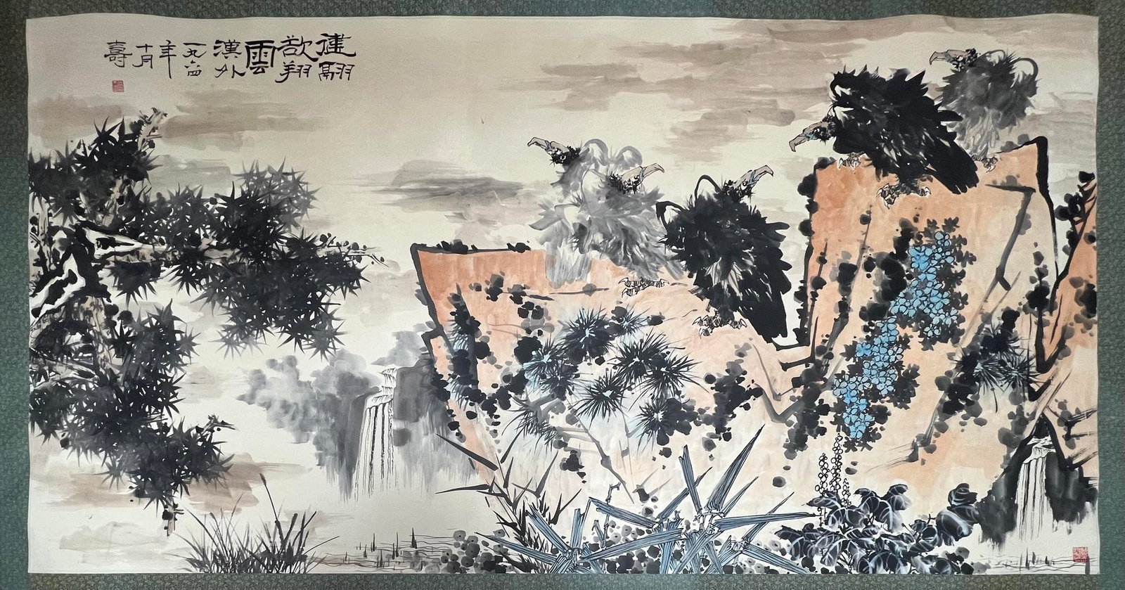 A Chinese Ink Painting of Pine and Eagle on Paper: A Chinese Ink Painting of Pine and Eagle on Paper,Pan Tianshou,Size:48.8inx93.7in 一幅中国水墨松鹰画,潘天寿
