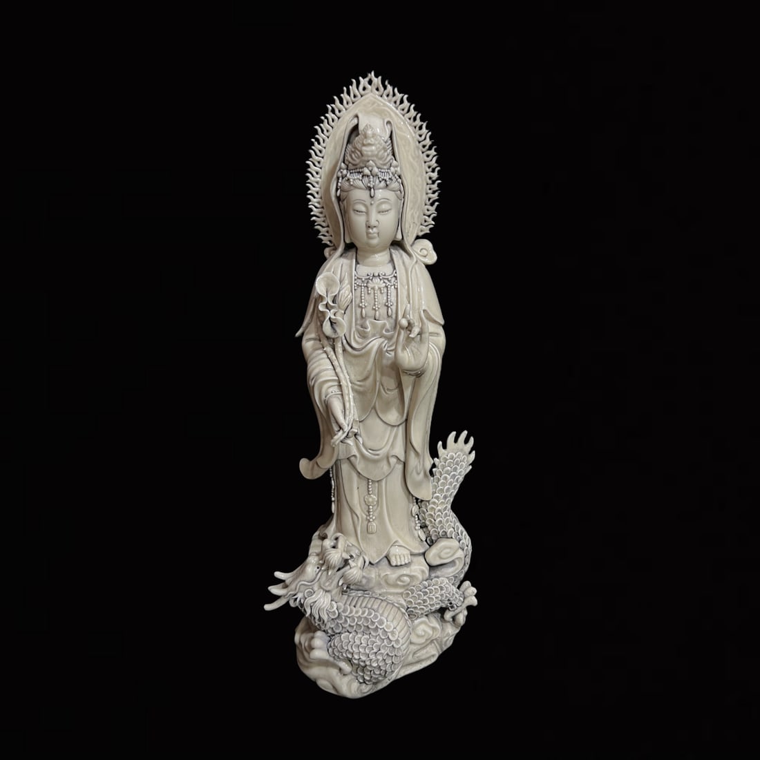 A Solemn Blance-De-Chine Statue of Avalokitesvara: A Solemn Blance-De-Chine Statue of Avalokitesvara,Ming Dynasty,China,He Chaozong Mark,Size:21.7in 德化瓷观音像,中国明代,何朝