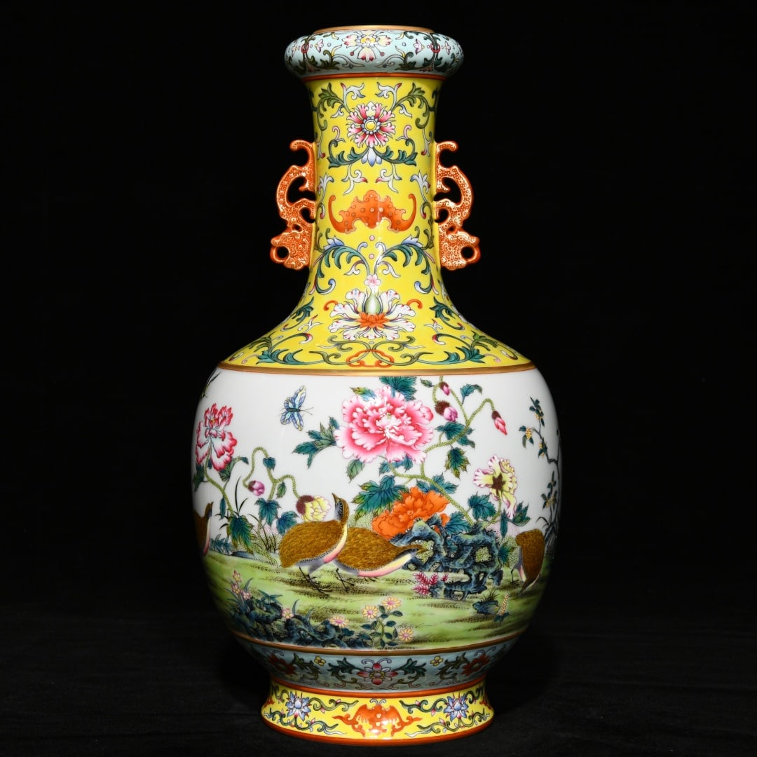 A Rare Famille-Rose Flower and Bird Pattern Double-Ears Vase,with poem: A Rare Famille-Rose Flower and Bird Pattern Double-Ears Vase,with poem,Qing Dynasty,China,Qianlong Six-character Mark,Size:13.4inx7.1in 粉彩花鸟纹双耳瓶