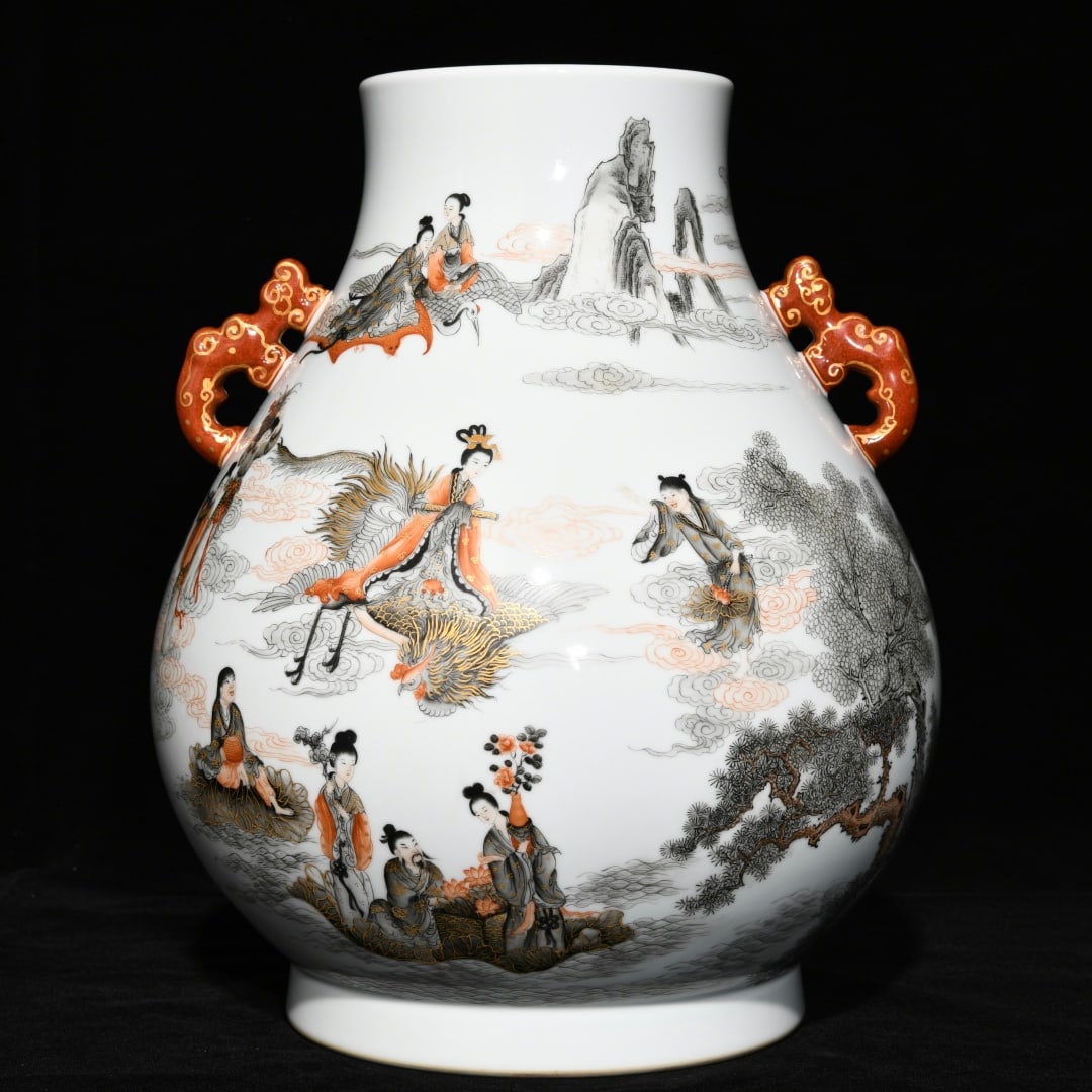 A Rare Ink Color Iron-Red Character and Story Pattern Double-Ears Vase: A Rare Ink Color Iron-Red Character and Story Pattern Double-Ears Vase,Qing Dynasty,China,Qianlong Six-character Mark,Size:12.3inx9.8in 墨彩矾红人物故事