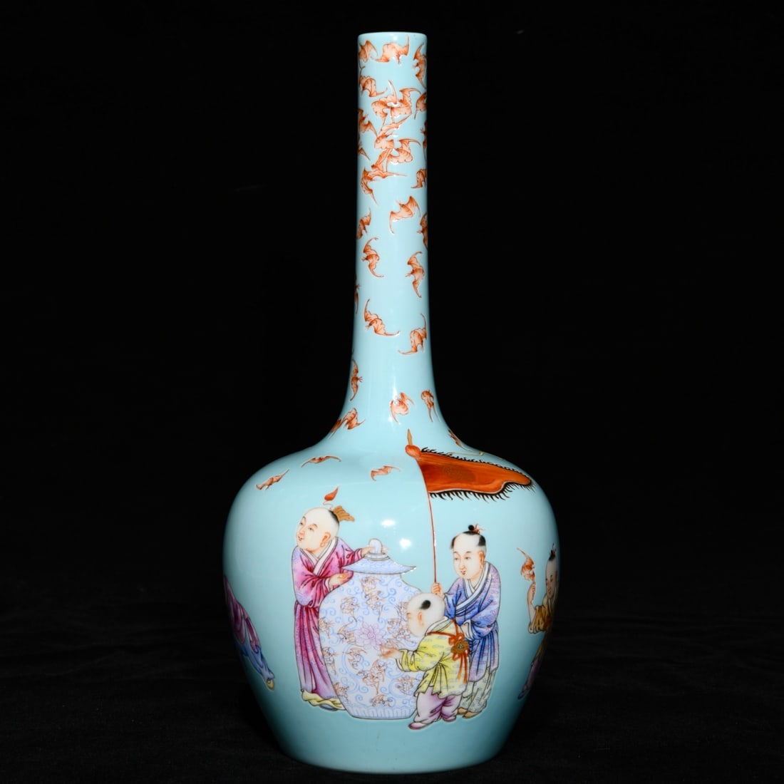 An Exquisite Turquoise Glazed Famille-Rose Character and Story Pattern Vase: An Exquisite Turquoise Glazed Famille-Rose Character and Story Pattern Vase,Qing Dynasty,China,Yongzheng Six-character Mark,Size:10inx4.6in 松石绿釉粉彩人