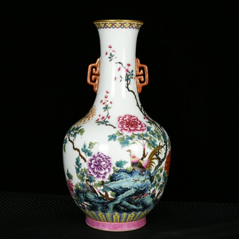 A Rare Enamel Painted Gold Flower and Rooster Pattern Double-Ears Vase,with poem: A Rare Enamel Painted Gold Flower and Rooster Pattern Double-Ears Vase,with poem,Qing Dynasty,China,Qianlong Six-character Mark,Size:13.6inx7.1in 珐琅彩描金花ࡔ