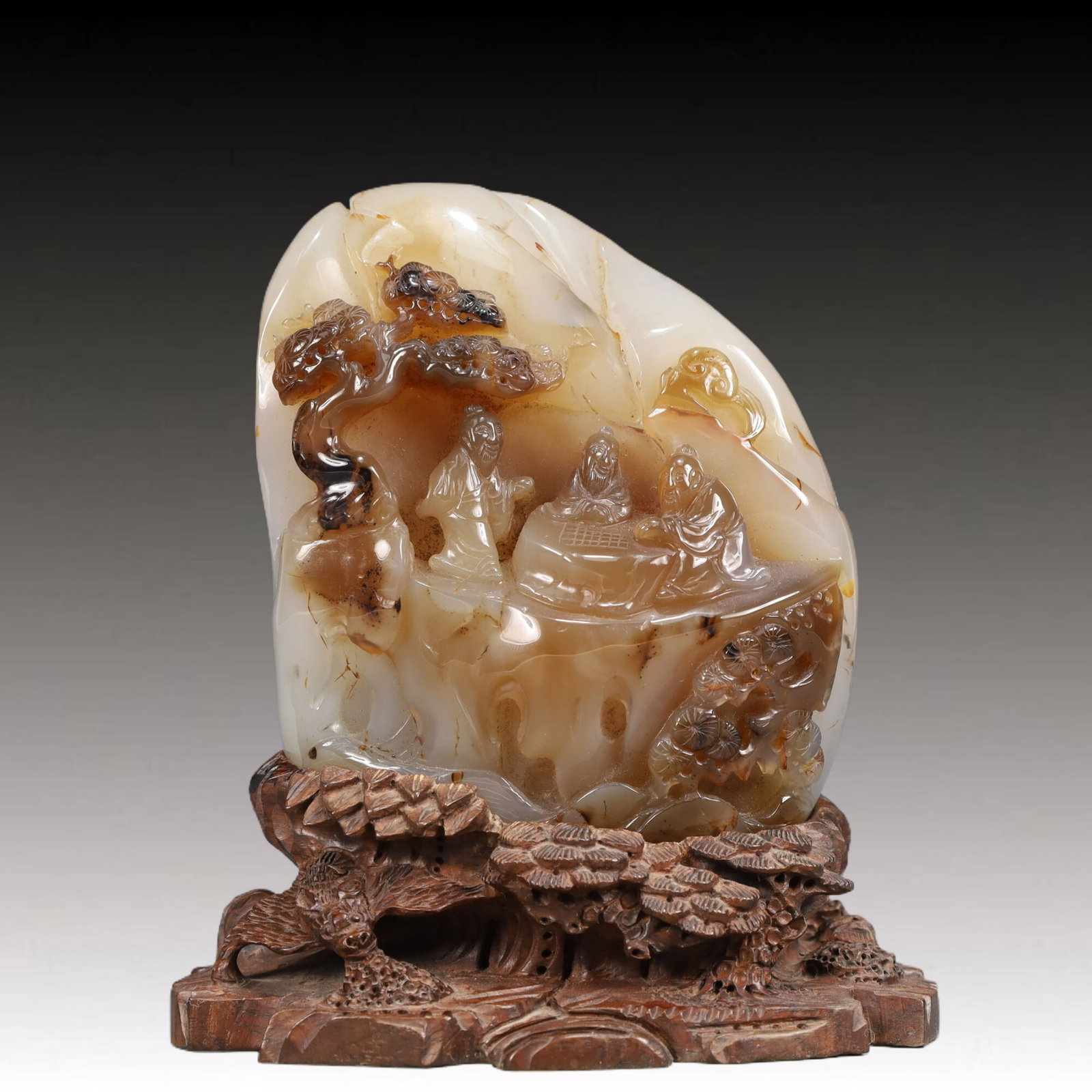 An Exquisite Agate Landscape and Figure Pattern Ornament: An Exquisite Agate Landscape and Figure Pattern Ornament,Qing Dynasty, China,Size:3.9inx2inx5.1in Weight:1350g 玛瑙山水人物纹摆件,中国