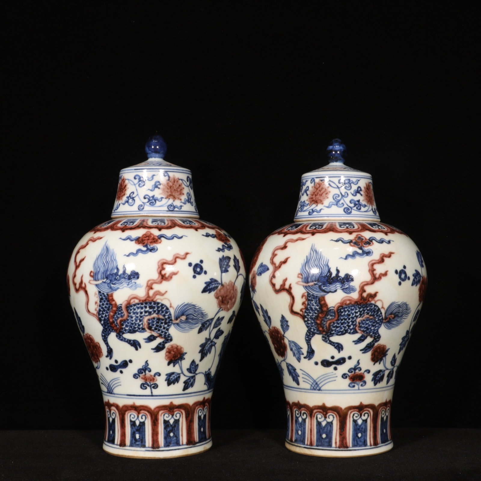 A Pair of Exquisite Blue and White Underglaze-Red Lotus Pattern and Wealth-Attracting Creature: A Pair of Exquisite Blue and White Underglaze-Red Lotus Pattern and Wealth-Attracting Creature Pattern Vases,Ming Dynasty,China,Xuande Six-character Mark,Size:10.6inx5.9in 一对青!