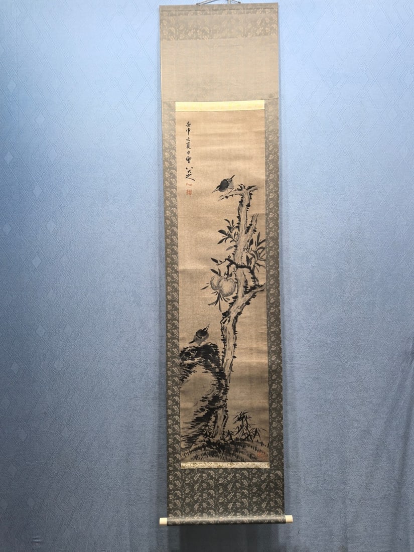 A Chinese Vertical Scroll Ink Painting of Flower and Bird on Paper: A Chinese Vertical Scroll Ink Painting of Flower and Bird on Paper,Bada Shanren,Size:13.6inx53.5in 一幅中国水墨花鸟画立轴,八