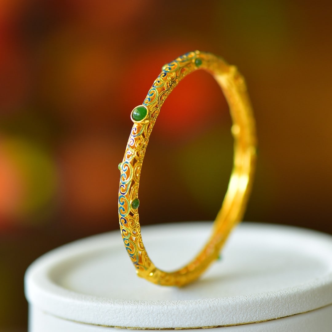 An Exquisite Sterling Silver-Gold Plated Inlaid Jasper Bracelets (1 of 5)