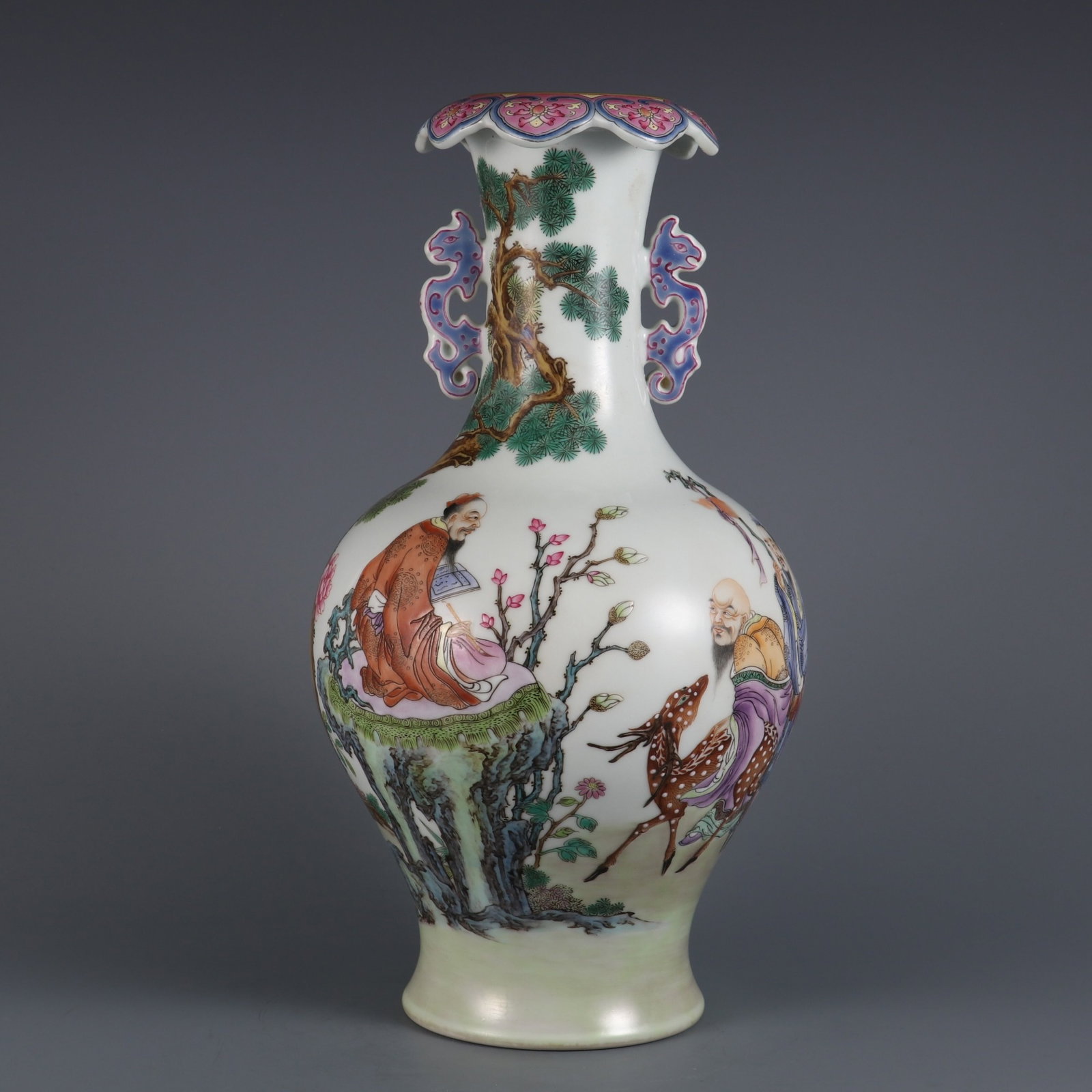A Rare Famille-Rose Character and Story Pattern Double-Ears Vase: A Rare Famille-Rose Character and Story Pattern Double-Ears Vase,Qing Dynasty,China,Qianlong Six-character Mark,Size:13.8inx4.3in 粉彩人物故事纹双೑