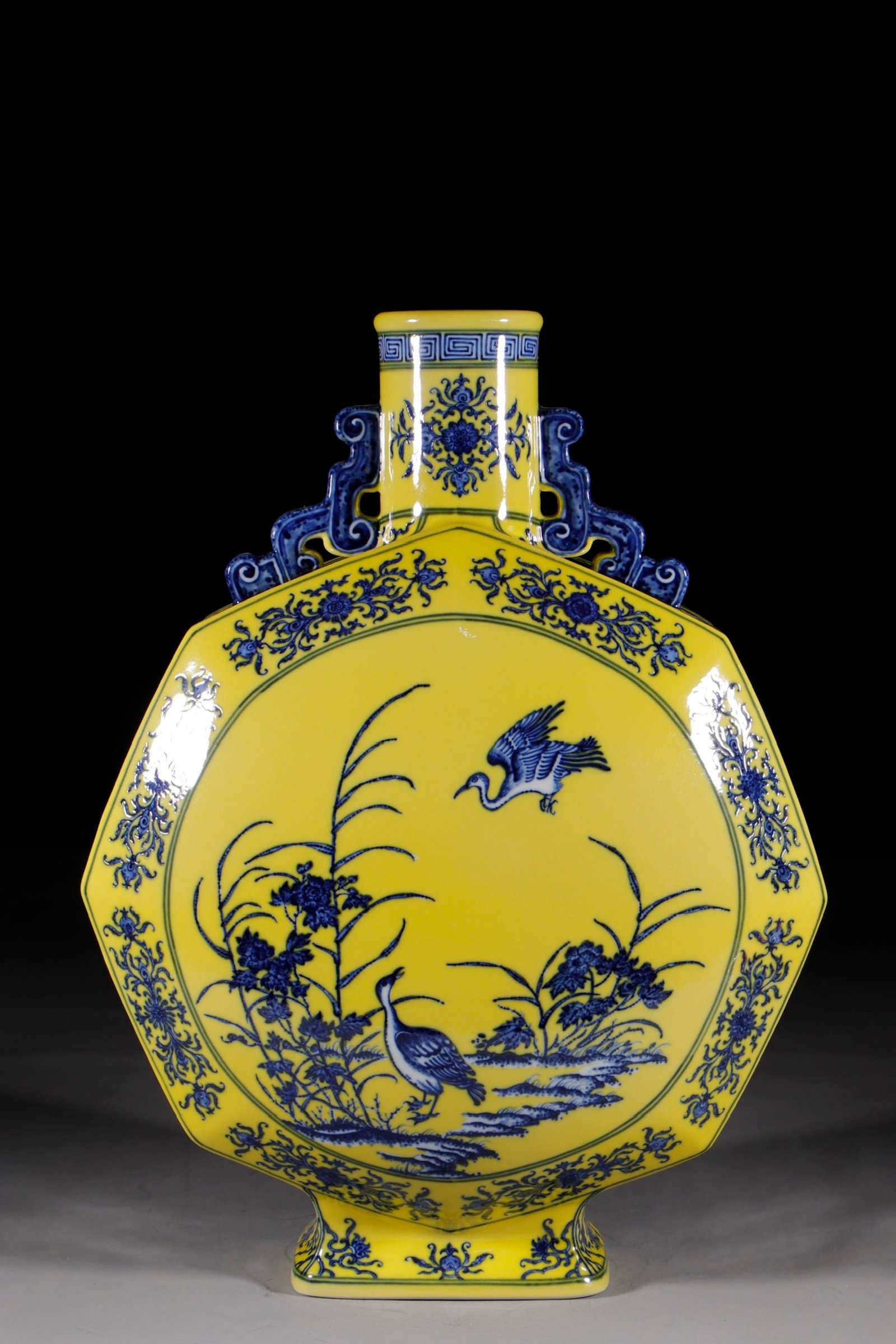 A Huge Yellow Ground Blue and White Flower and Bird Pattern Double-Ears Vase: A Huge Yellow Ground Blue and White Flower and Bird Pattern Double-Ears Vase,Qing Dynasty,China,Yongzheng Six-character Mark,Size:20.2in 黄地青花花鸟纹双